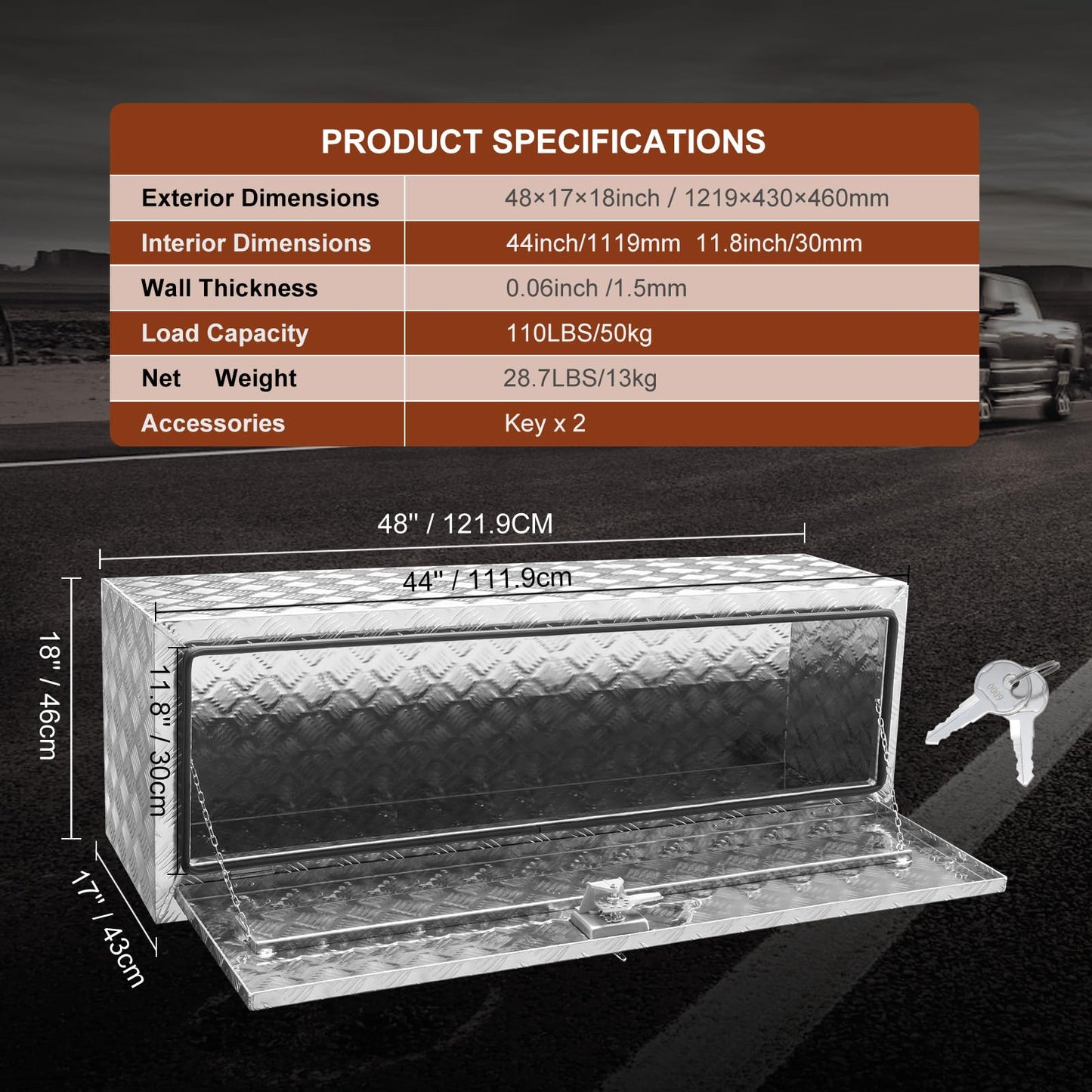 VEVOR Underbody Truck Box, 48"×17"×18" Pickup Storage Box, Heavy Duty Aluminum Diamond Plate Tool Box with Lock and Keys, Waterproof Trailer Storage Box with T-Handle Latch for Truck, Van, Trailer
