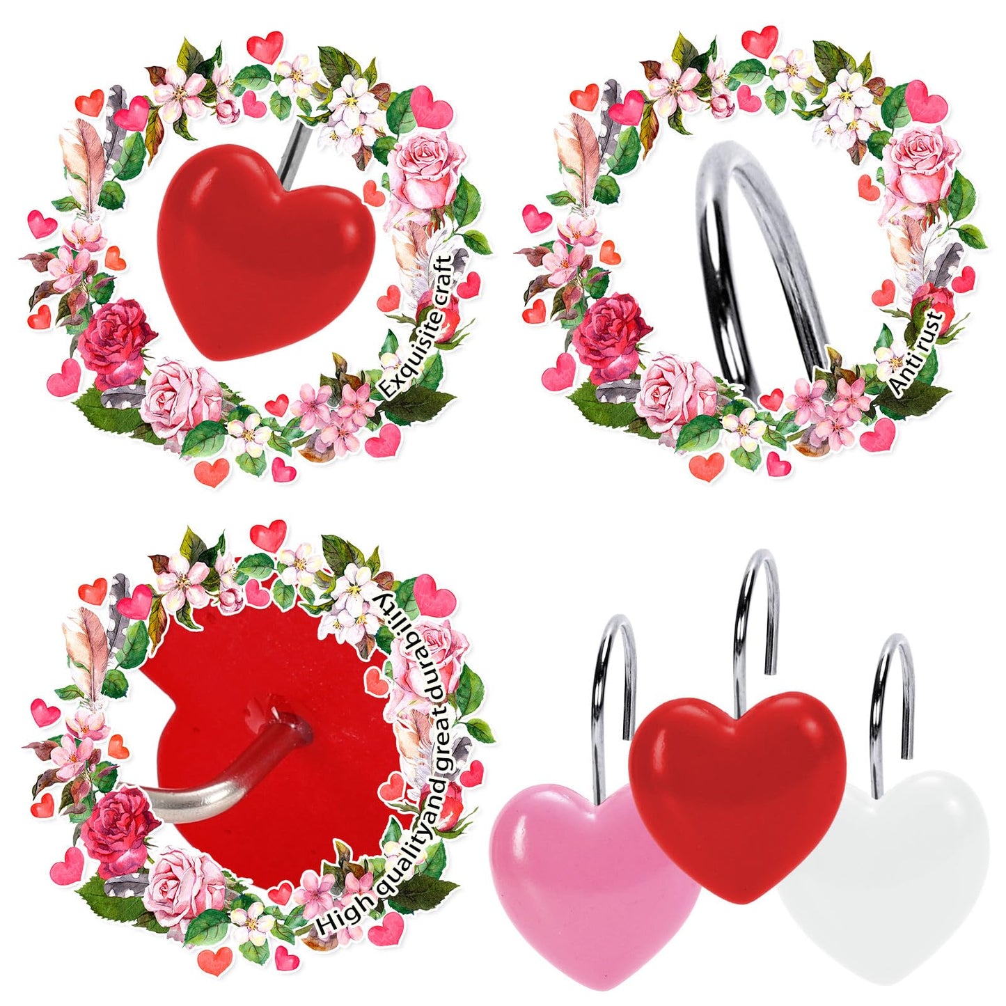 Whaline 12Pcs Valentine's Day Shower Curtain Hooks Decorative Heart Resin Shower Rod Rings Heart-Shaped Anti Rust Curtain Hanger Hooks for Living Room Bedroom Bathroom Decor