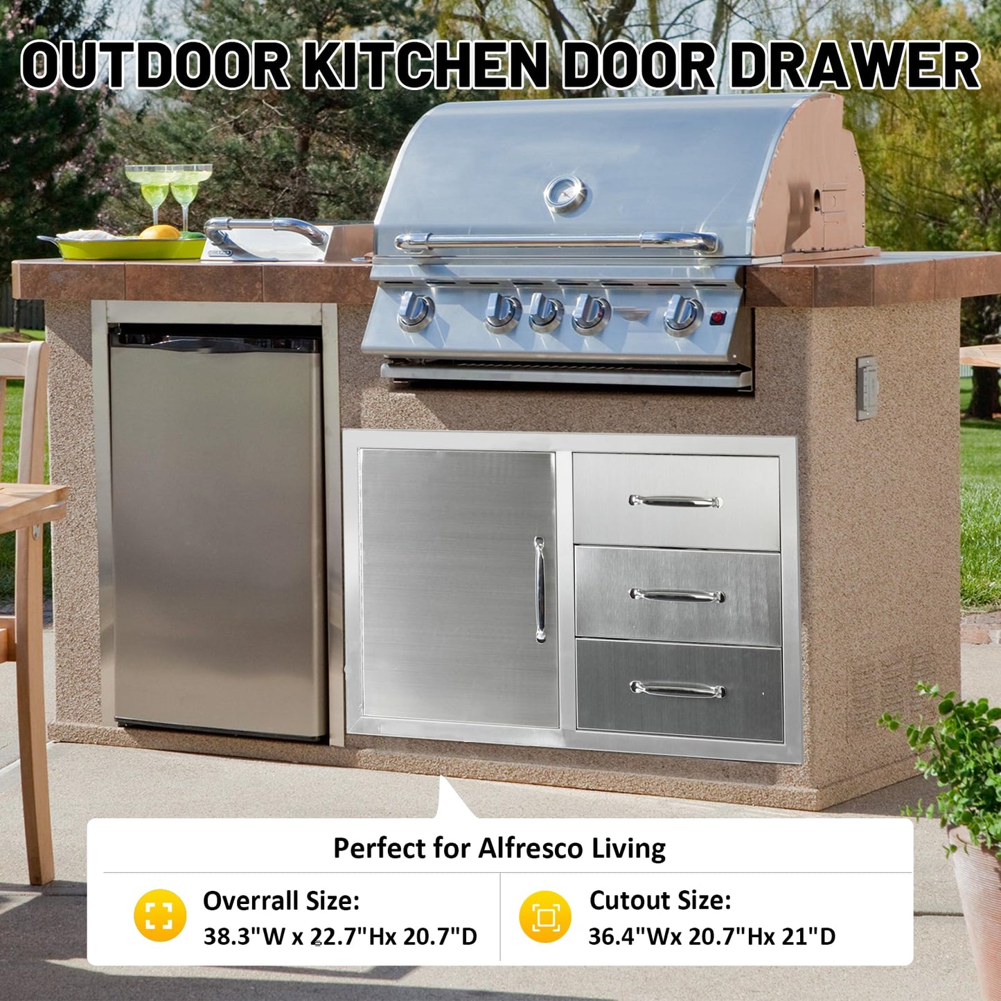 SGOLAN Outdoor Kitchen Door Drawer Combo Cabinet 38.1W x 22.6H x 20.8D BBQ Access Door&Triple Drawers Combo, Stainless Steel Handles for Outdoor Kitchen Island