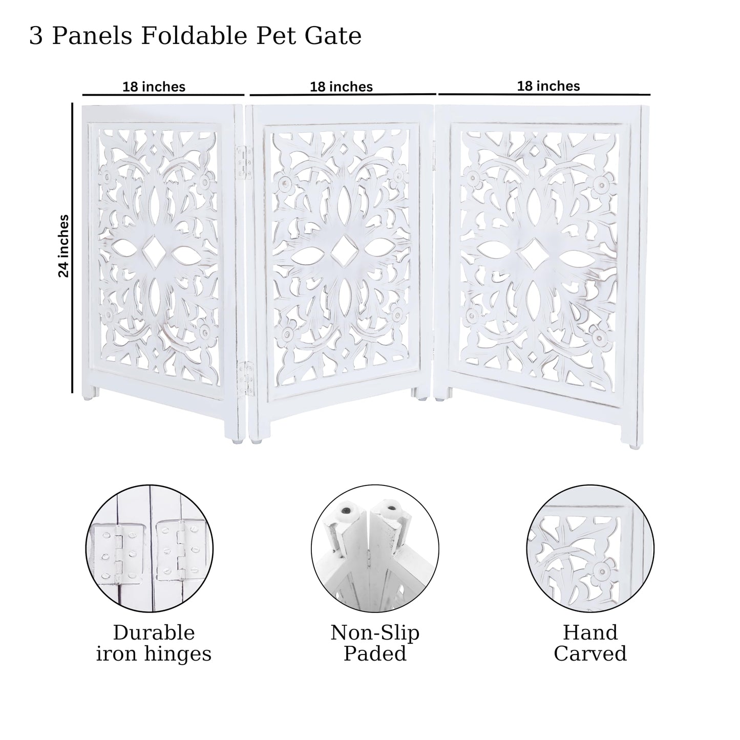 Lightnpro Foldable Carved Wooden Dog Gate - Freestanding 3-Panel Pet Barrier for Dogs - Decorative Walk-Over Fence for Stairs, Doorways & Hallways - Portable & Adjustable - Antique White (24x18 Inch)