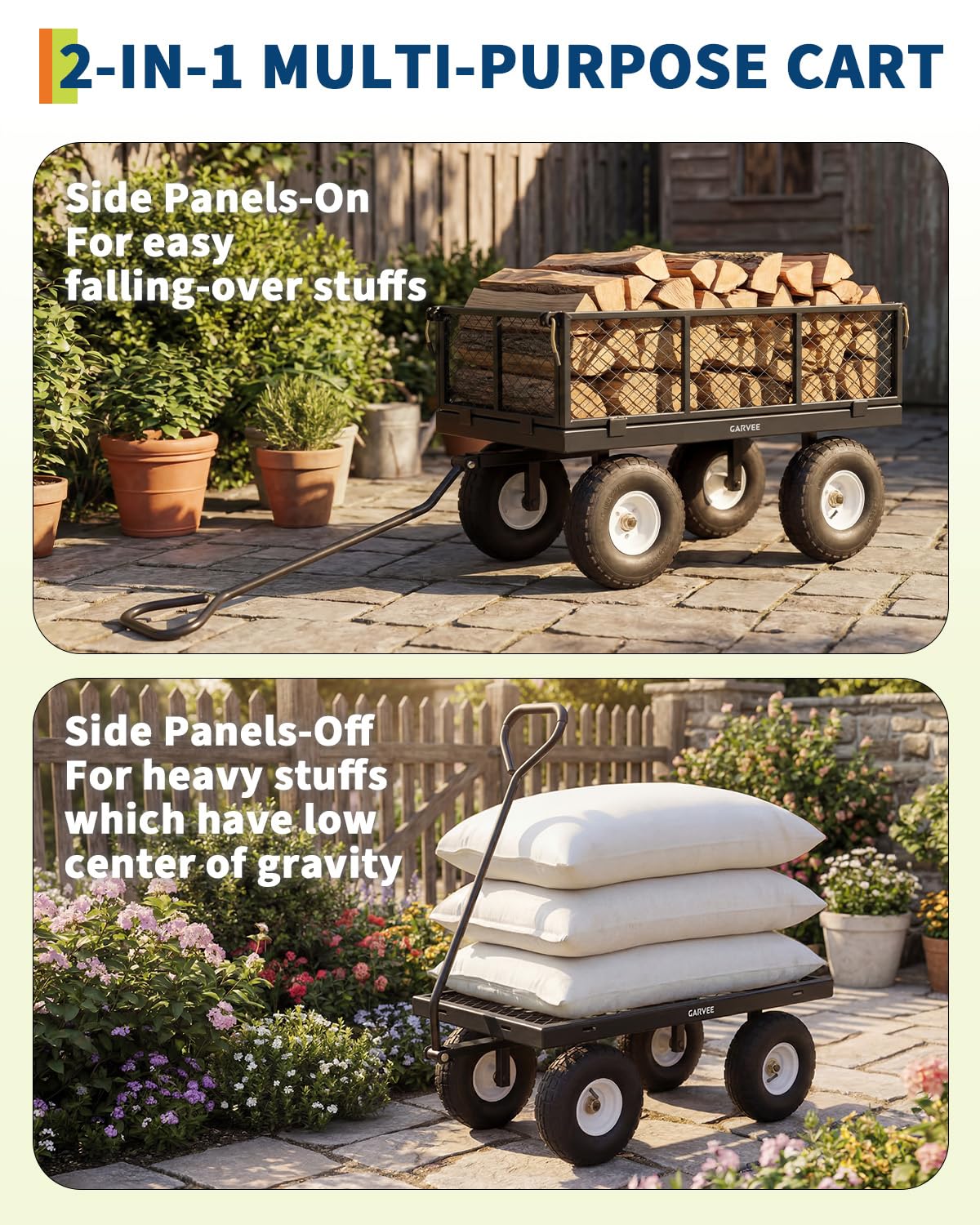 Garvee Versatile Outdoor Utility Cart - 400LBS Heavy-Duty, 10" All-Terrain Pneumatic Tires, Easy Maneuverable Lawn Cart with Removable Mesh Panels for Gardening & Landscaping，Black