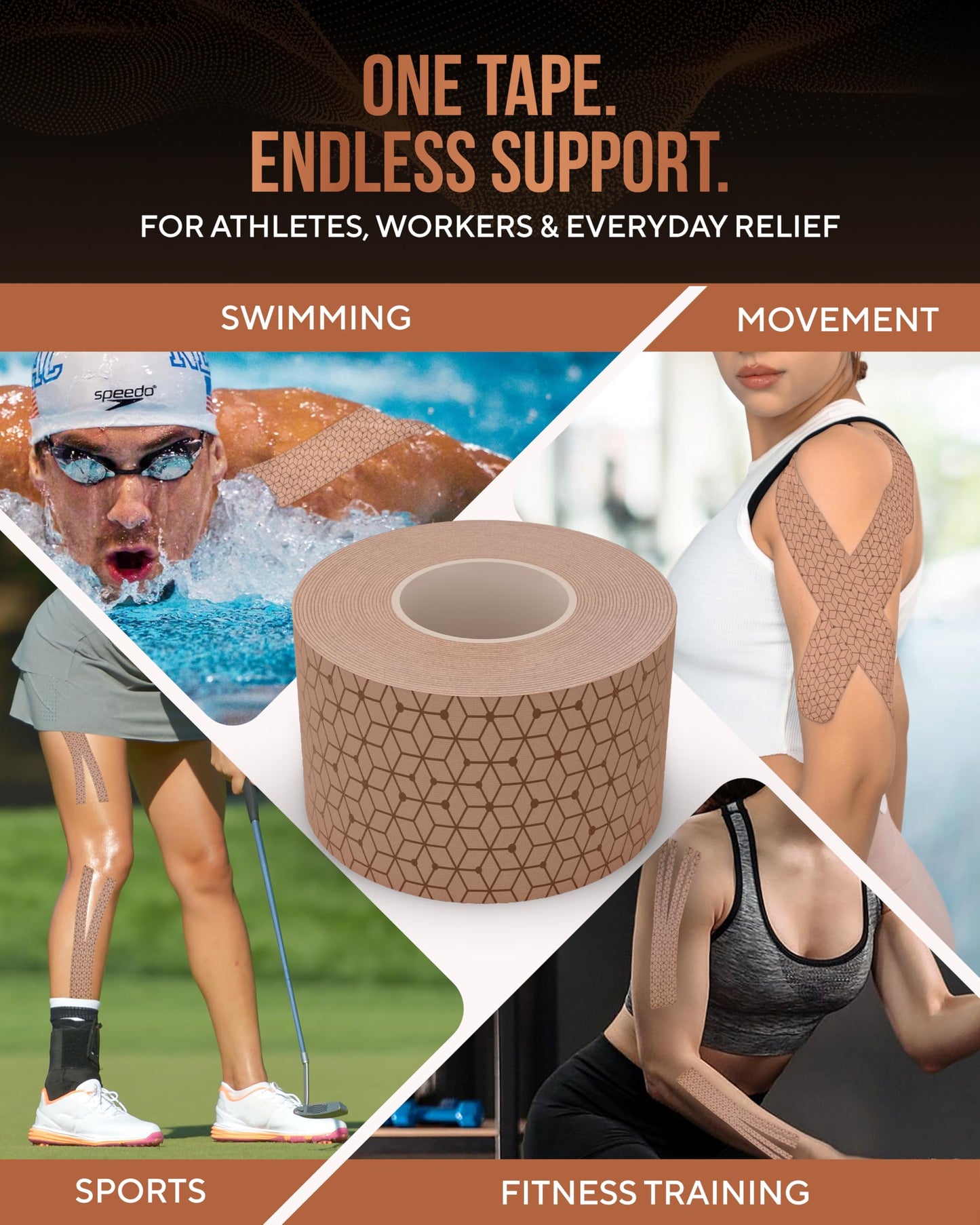TheraCopper Copper Infused Kinesiology Tape – 2 Rolls (40 Precut Strips) – Advanced Waterproof Kinesiology Tape for Shoulder, Elbow, Bowling Wrist, Weightlifting, Muscle Strain & Joint Support (Tan)