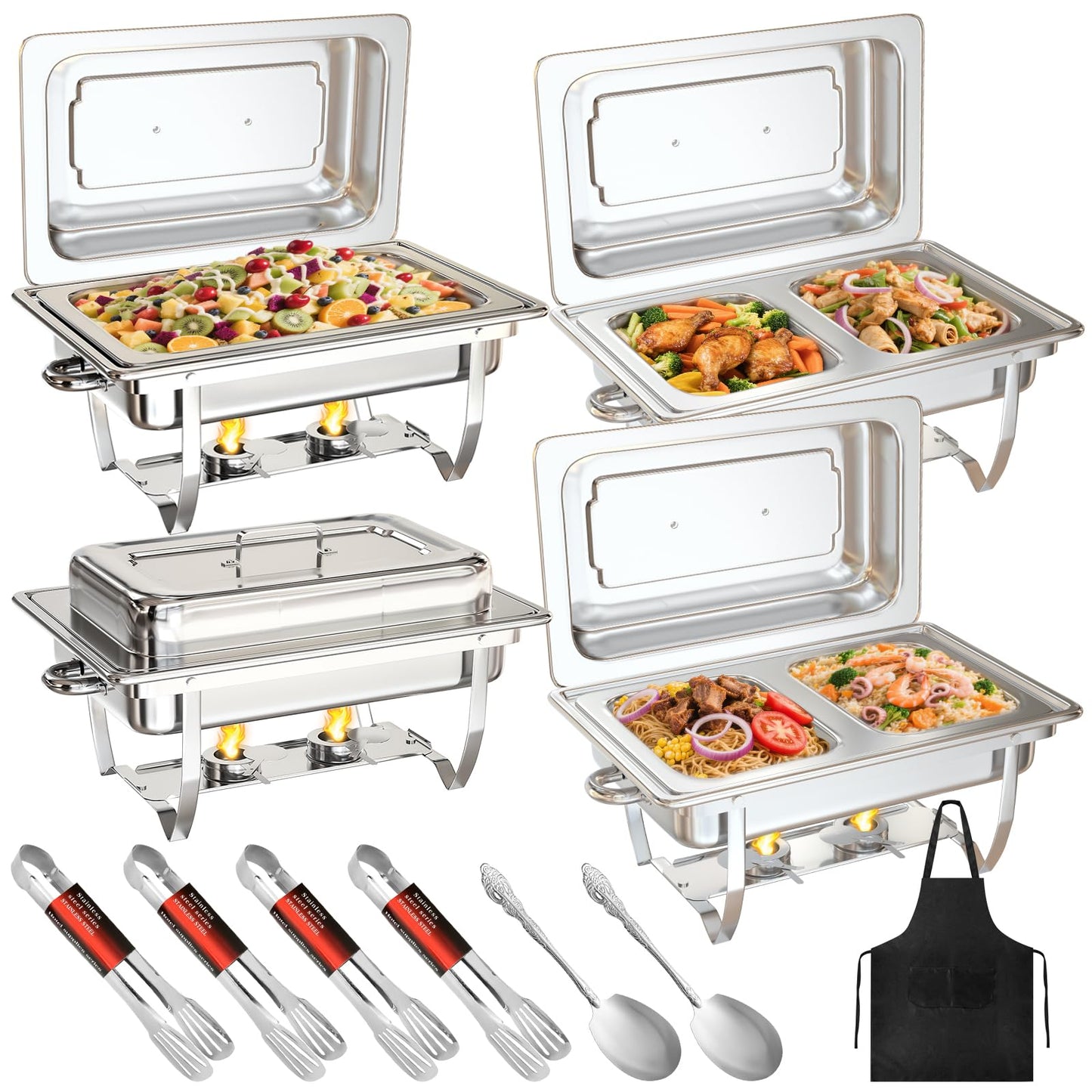 MEEZY 4 Pack 9QT Chafing Dish Buffet Set, Stainless Steel Buffet Chafers with Full Size, Half Size, Size Pan Foldable Catering Food Warmer for Wedding Banquet Catering Party