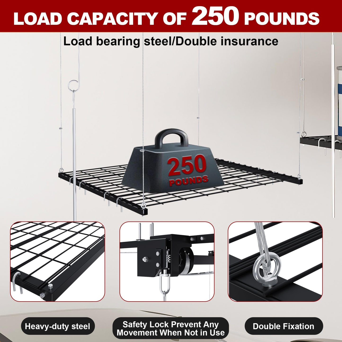 Leavader Manual Garage Storage Lift 4x4 FT for 10-12 ft Ceilings, Crank Down Overhead Storage Rack with Safety Lock, Heavy Duty Steel Garage Ceiling Storage System, 250LBS Capacity