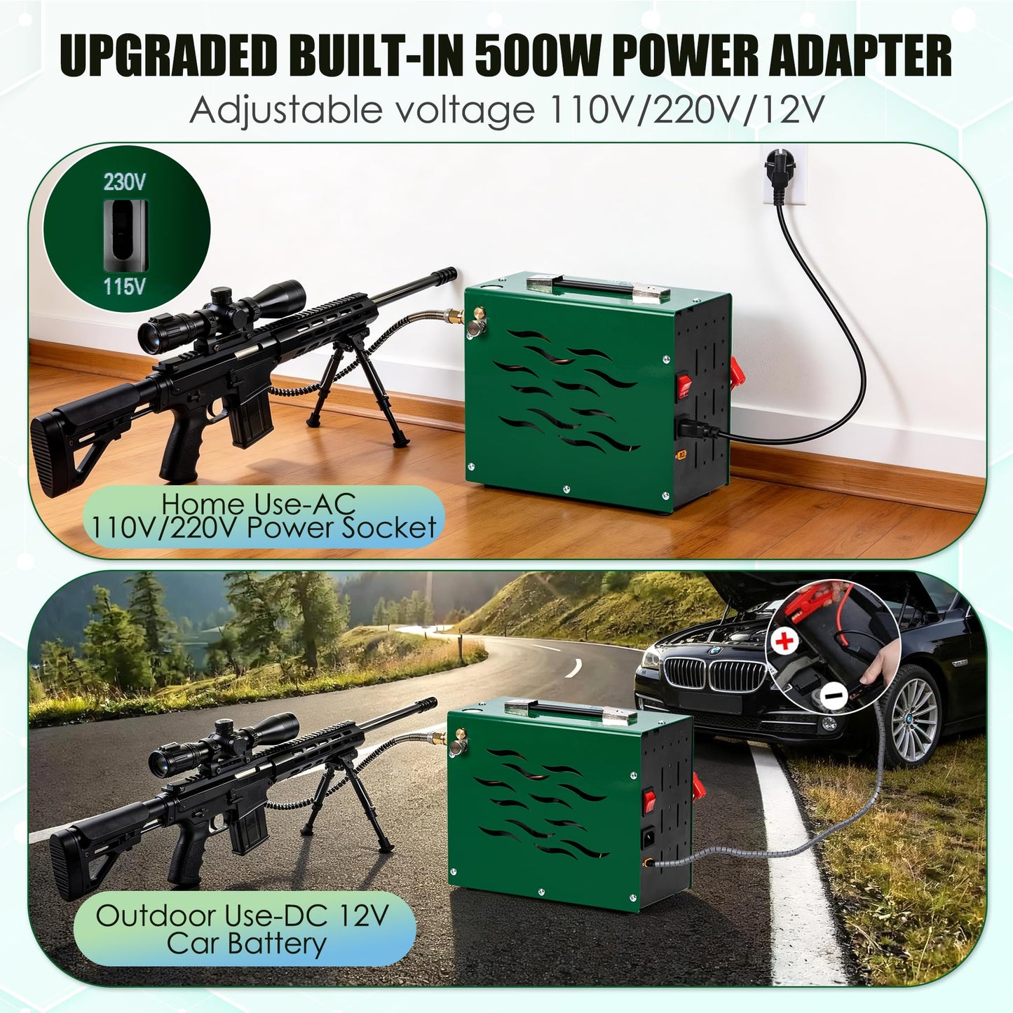 TUDIVING PCP Air Compressor,4500Psi/30Mpa HPA Compressor, Built-in Power Converter for 12V DC or 110V AC with Wire Spool Design,Water/Oil-Free for Pistol Paintball Scuba Tank Air Pump