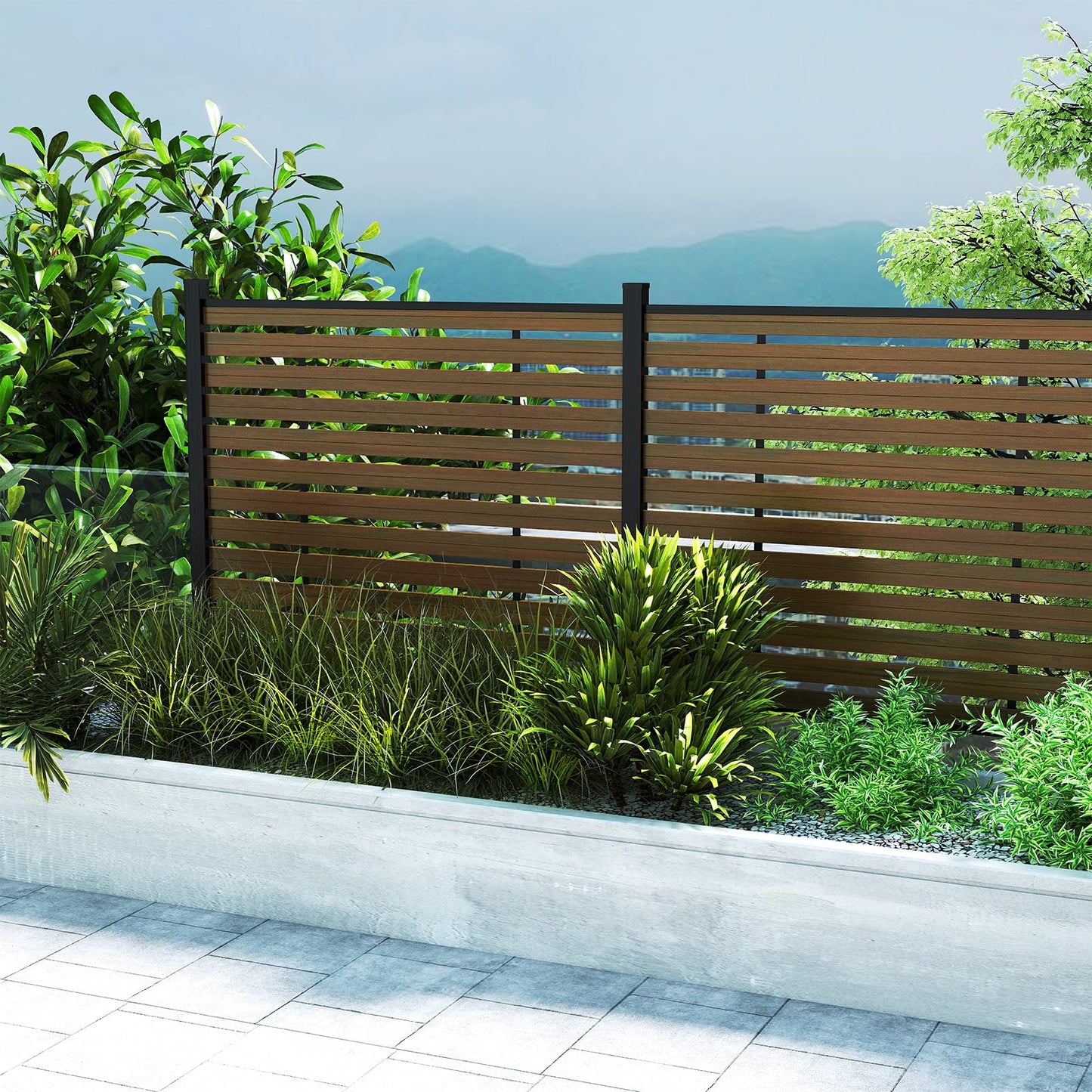 Treslam Outdoor Privacy Fence WPC, AC Unit Air Conditioner Screen 5 FT(H) x 6 FT(W) Trash Can with Aluminum Alloy Post, Decorative Fencing, Brown with 2 Post