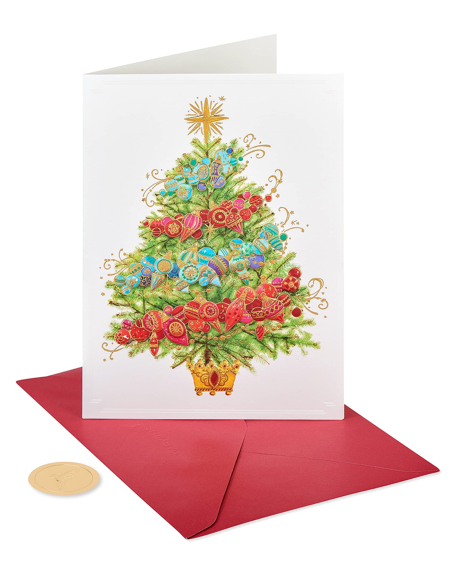 Papyrus Boxed Christmas Cards with Envelopes, Peace and Happiness, Glitter-Free Christmas Tree (12-Count)