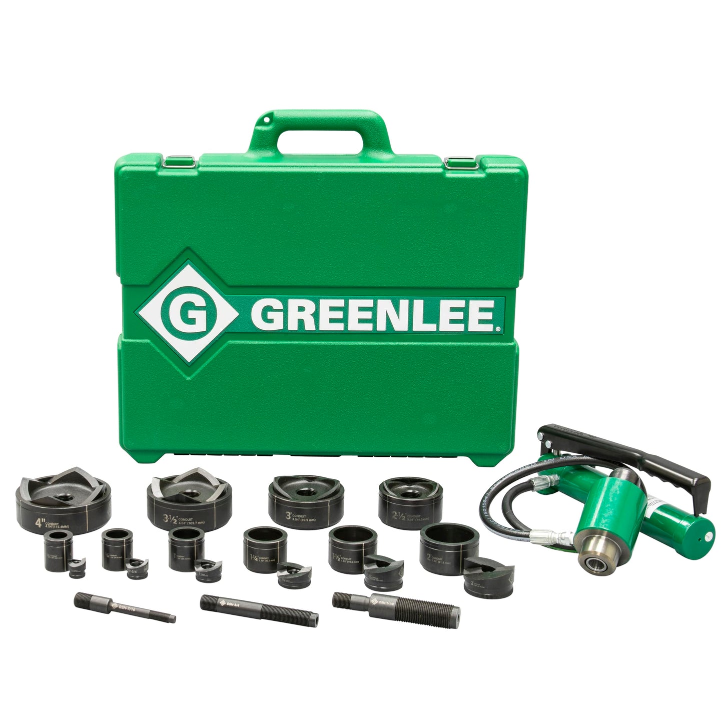 Greenlee 7310SB 11-Ton Hydraulic Knockout Punch Kit with Hand Pump, Ram, 1/2" to 4" Slug-Buster Punches, Dies, and Hydraulic Draw Studs, Electrical Conduit Hole Cutter Kit