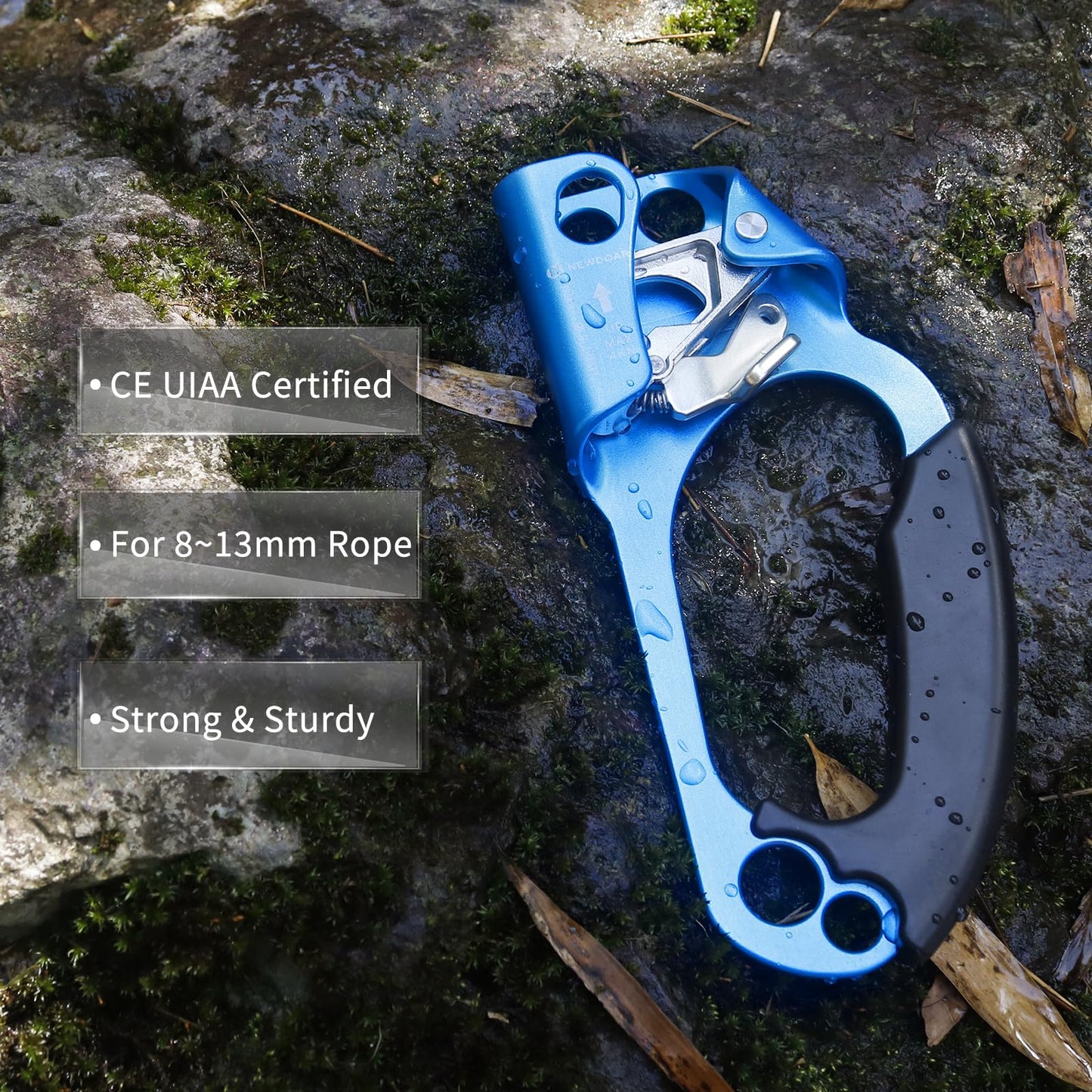 NewDoar Right Hand Ascender Rock Climbing Tree Arborist Rappelling Gear Equipment CE Certified Rope Clamp for 8~13MM Rope(Blue-Right)