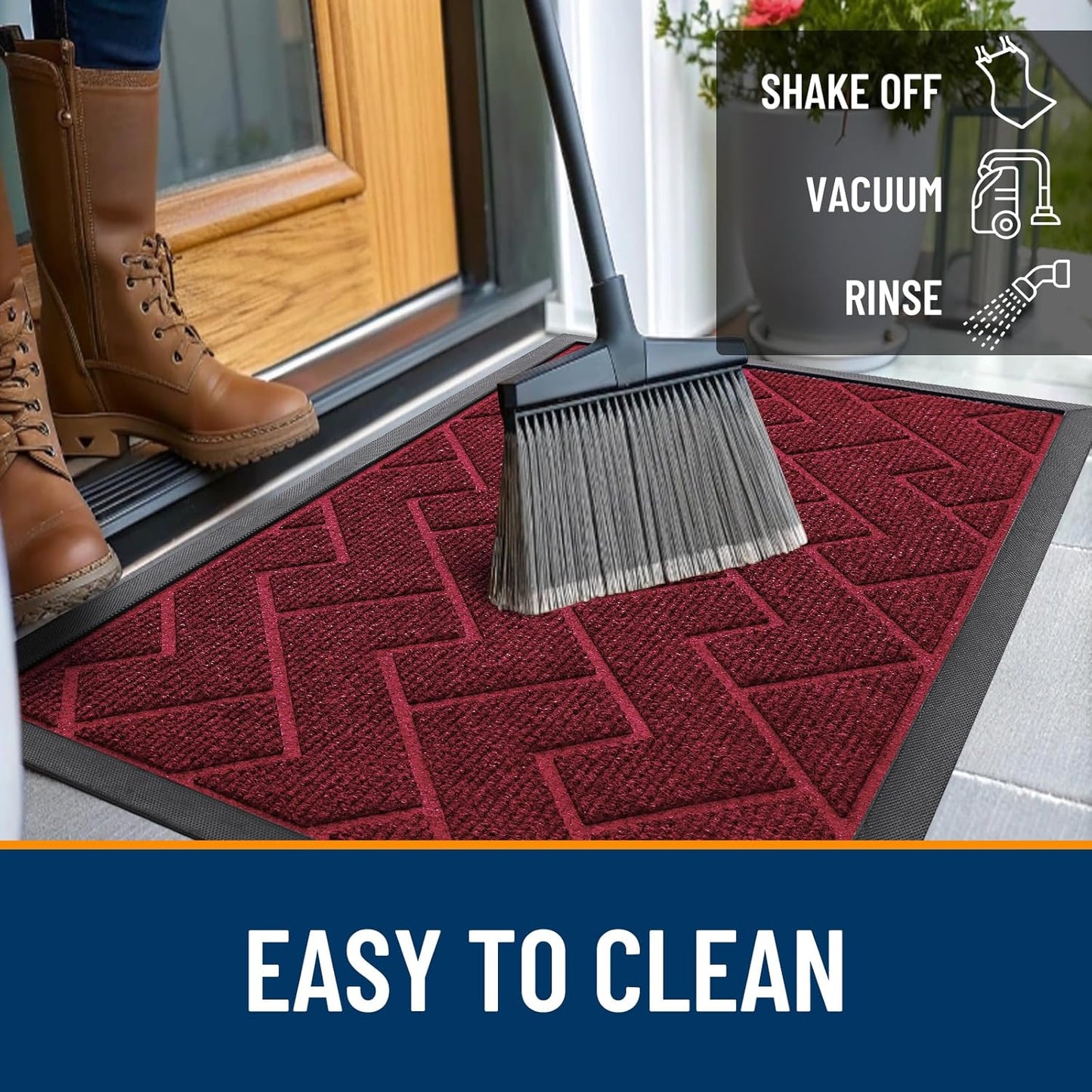 OLANLY Waterproof Front Door Mat - All-Season Herringbone Design, Easy Clean Natural Rubber | Wine Red, 29.5x17