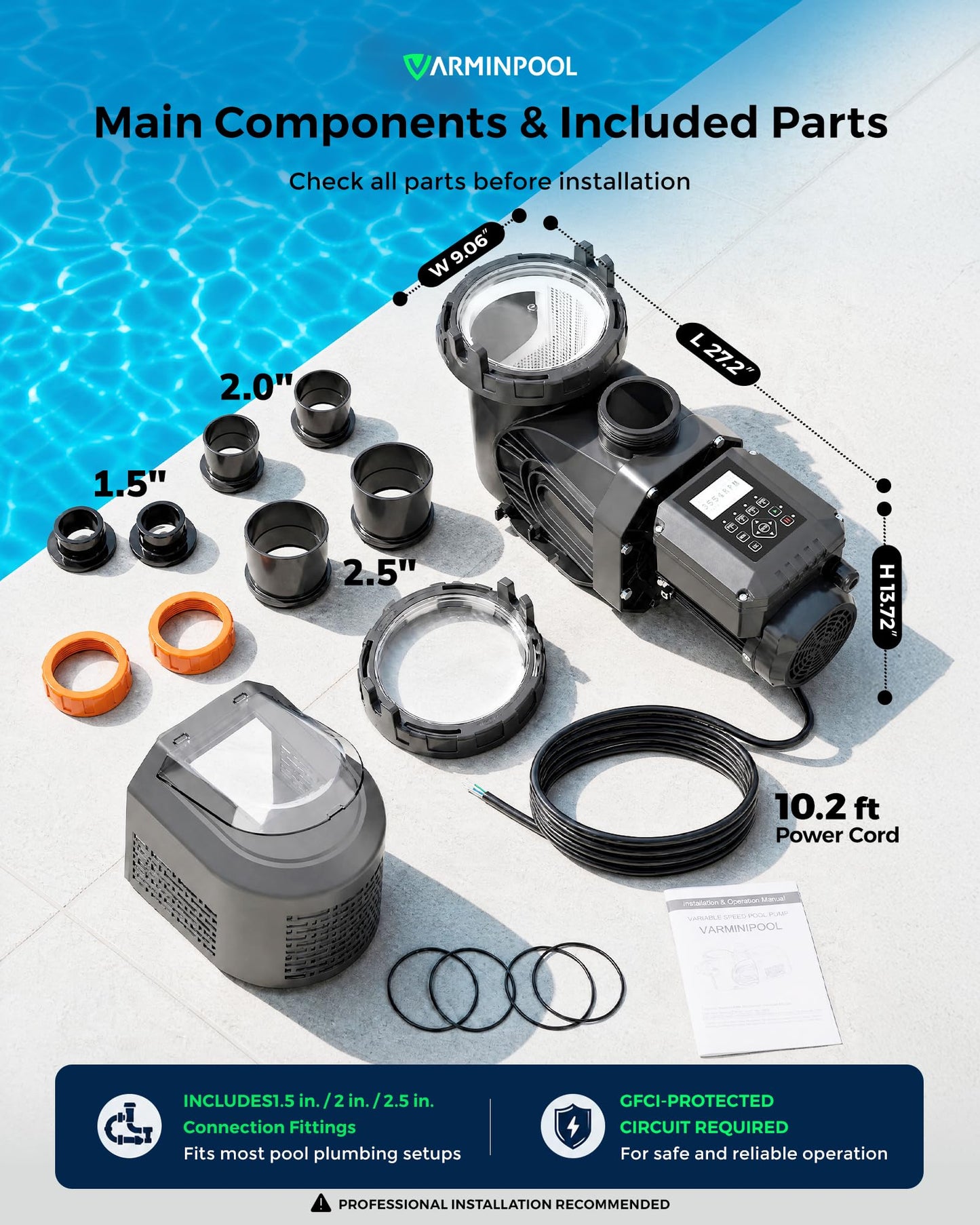 VARMINPOOL Variable Speed Pool Pump Inground, 2.5HP, 10567GPH High Flow Energy Efficient Pool Pump for Above Ground Pool, Programmable Timer, Rain Cover, 220V, Large Filter Basket
