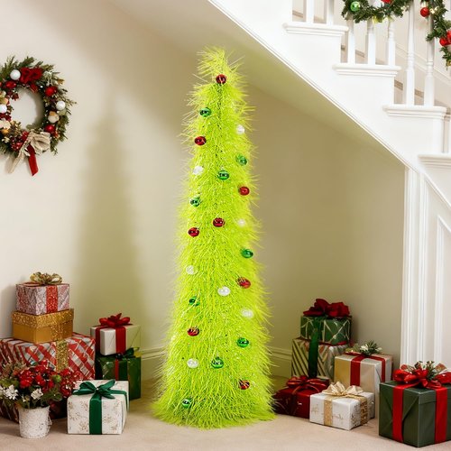 BrilliantJo 5ft Christmas Tree - Collapsible Tinsel Design with Light Balls & Ornaments | Fruit Green Holiday Decor