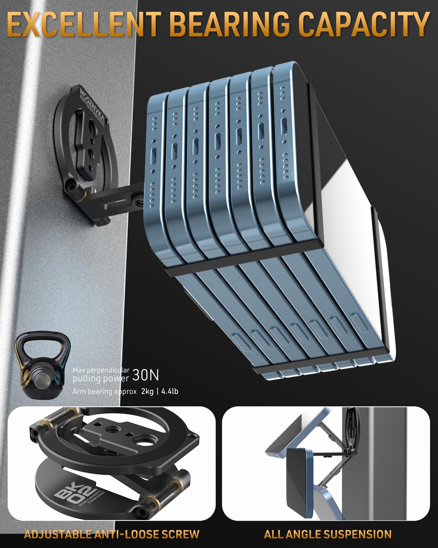 MOSENVKA Dual Magnetic Phone Stand Holder Double Magnetic Phone Holder Ultrathin Foldable 1/4" Screw Tripod Mount for iPhone 16 15 14 13 12 Pro Max Plus Gym Magnet Phone Stand (Black)