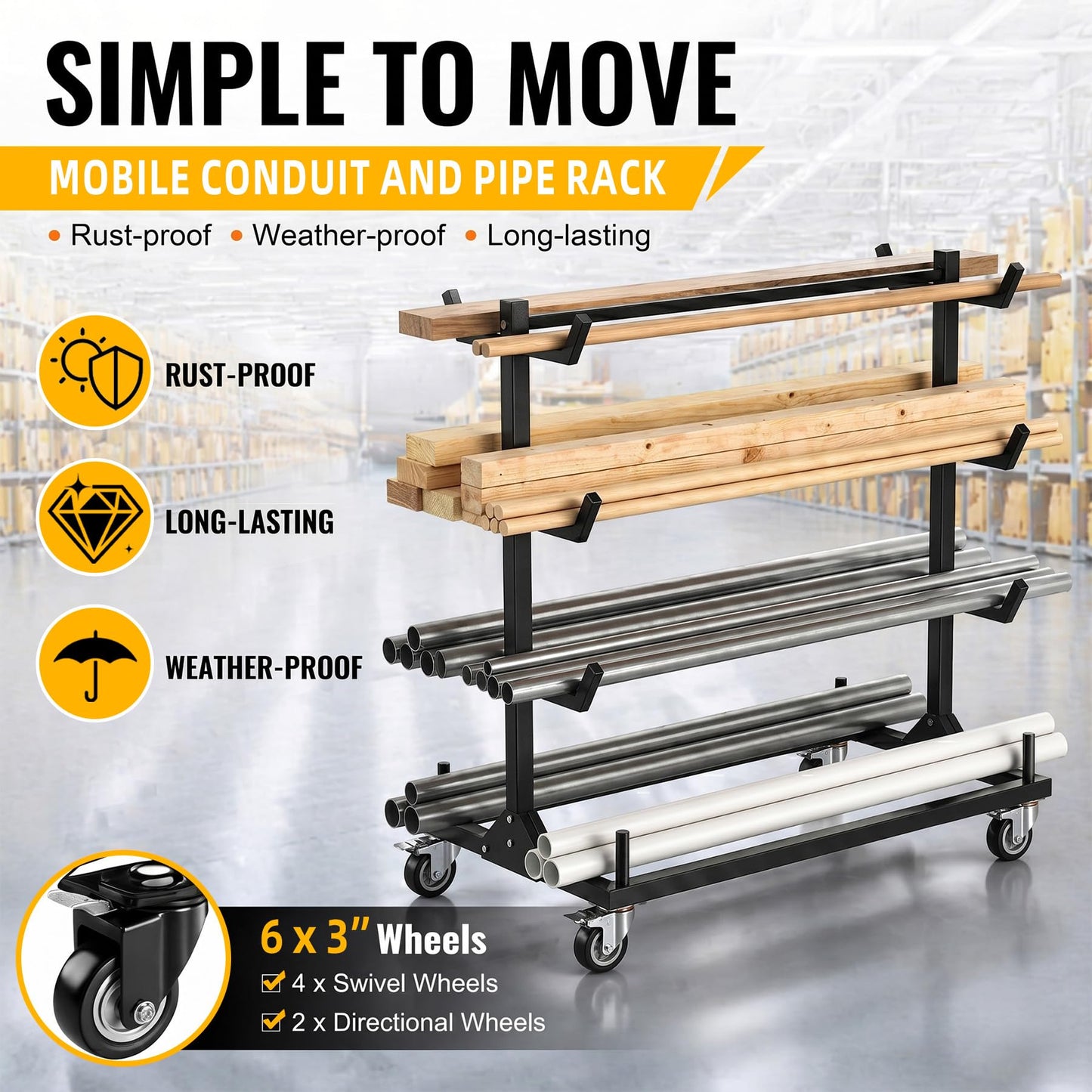 BUYYAH Mobile Conduit Lumber & Pipe Rack, Heavy Duty Alloy Steel Storage Rack with 6 Casters (4 Swivel & 2 Fixed), 1000 LB Capacity, 4.3ft x 2.2ft x 4ft
