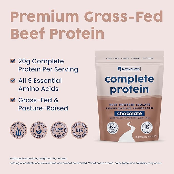 NativePath Complete Beef Protein Powder Isolate ??Grass-Fed, Pasture-Raised, Dairy & Lactose Free, Gluten Free, Zero Sugar, MCTs & Amino Acids ??20g Protein, Chocolate Flavor, 30 Servings
