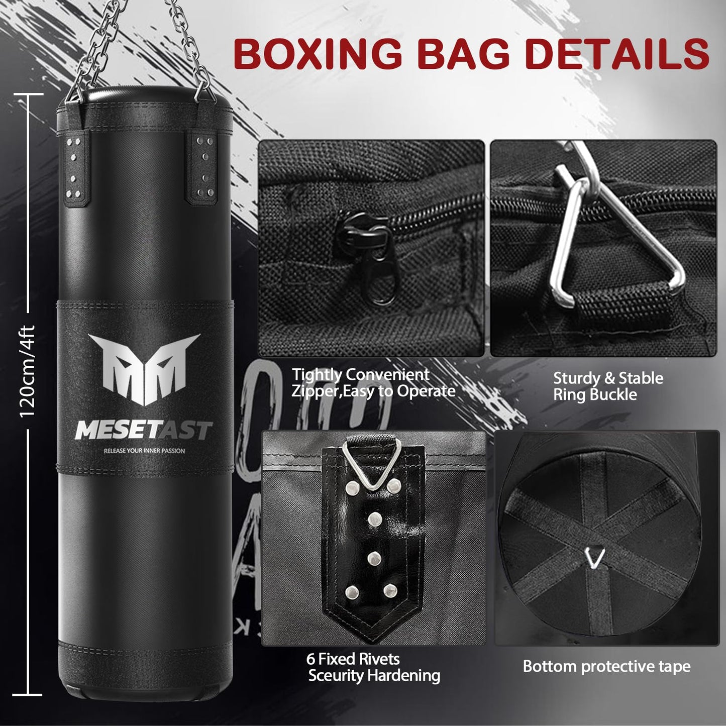 Mesetast Punching Bag for Adults, 4ft Heavy Boxing Bag Set with 12 OZ Gloves for MMA Karate Kickboxing Boxing - Unfilled