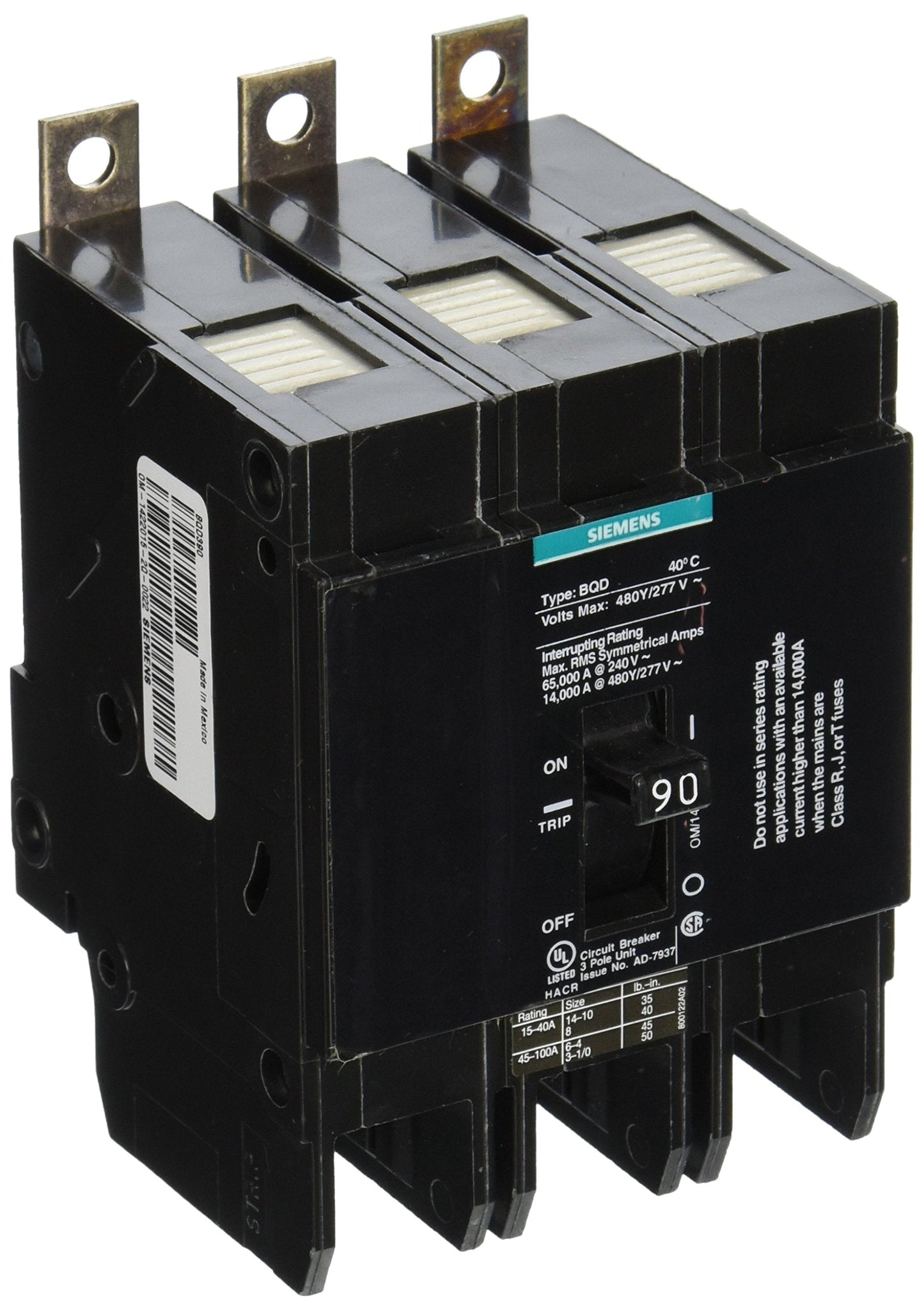 Siemens BQD390 90-Amp Three Pole 480Y/277V AC 14KAIC Bolt in Breaker