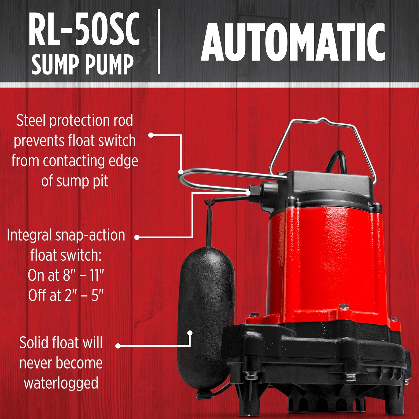 Red Lion RL-50SC 1/2 HP, 115-Volt, 4000 GPH, Cast Iron Sump/Effluent Pump with Snap-Action Float Switch, Red, 14942653