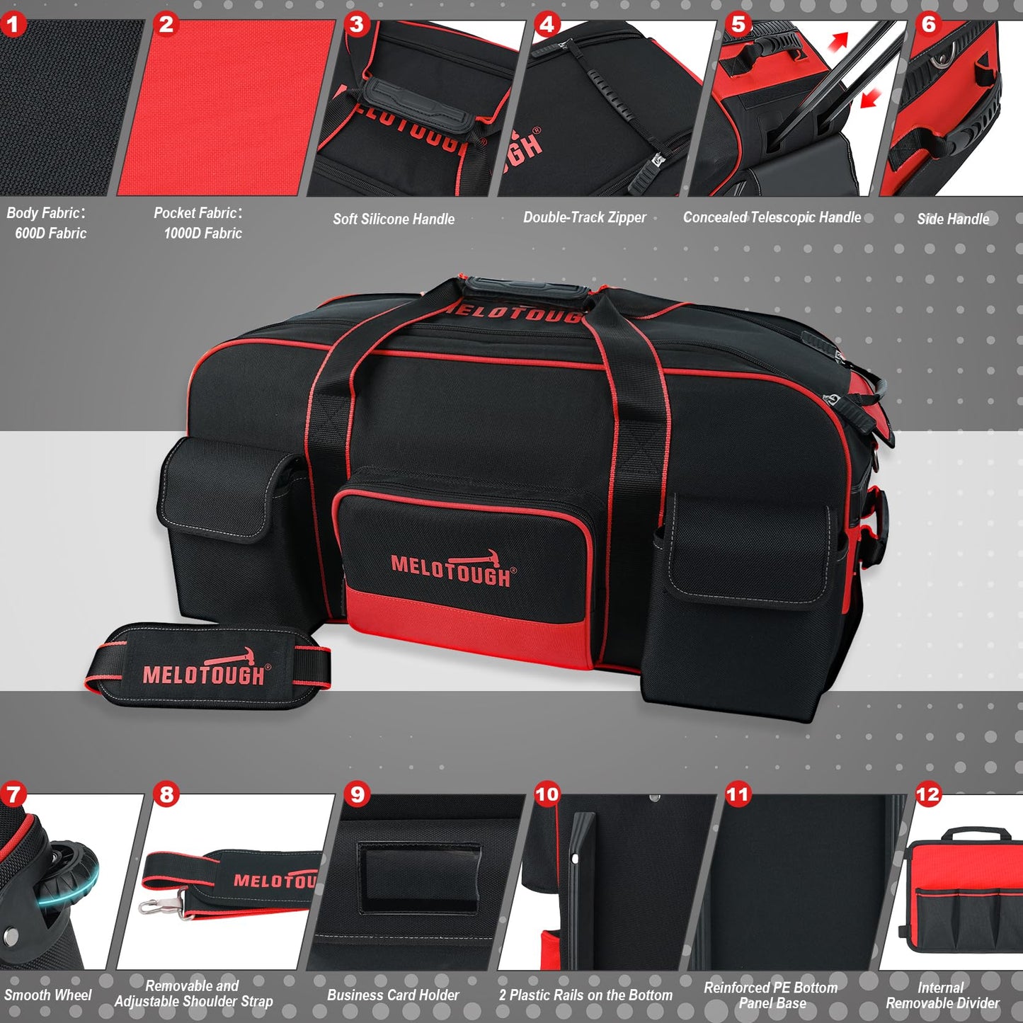 MELOTOUGH Rolling Tool Bag with Wheels,Large Capacity Tool Bag Organizer with Concealed Telescoping Handle for Electrician,Construction,HVAC,Technician (Red/Black)