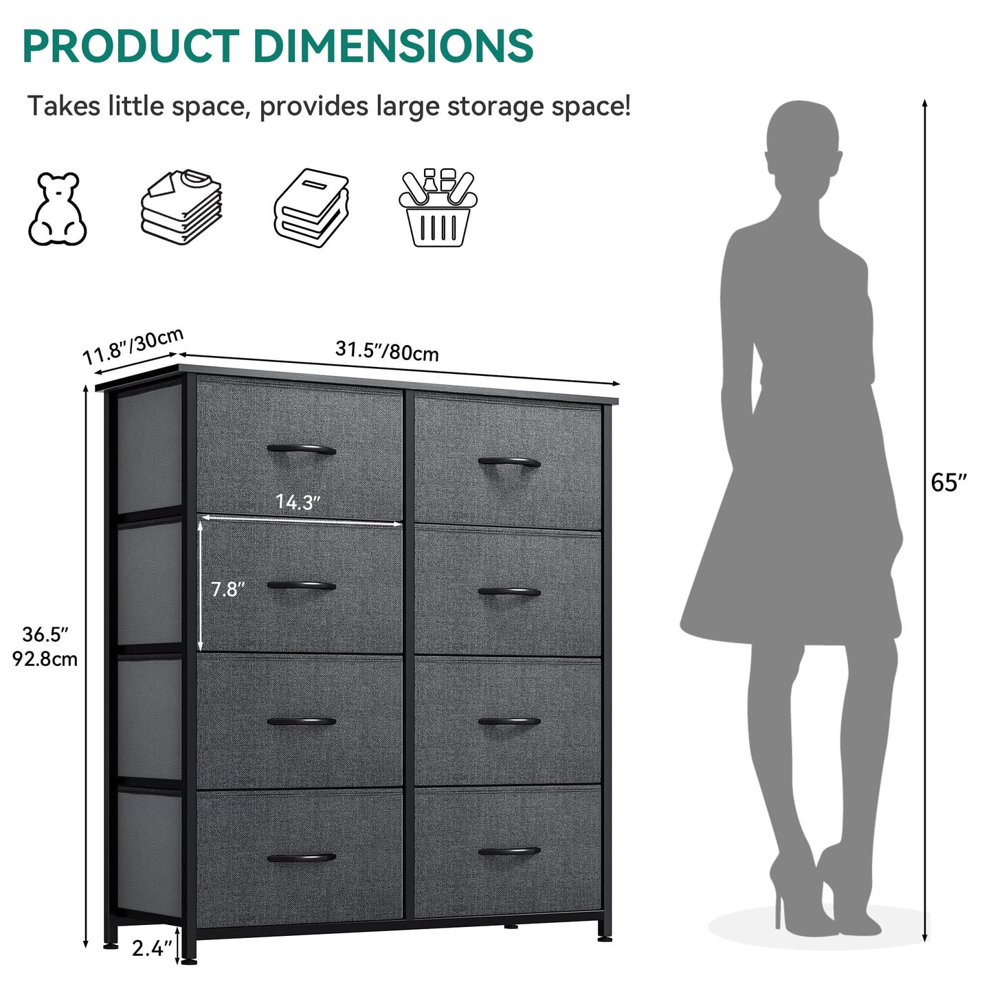 YITAHOME Fabric Dresser Drawer, Tall Storage with 8 Drawers, Dresser & Chest of Drawers, Storage Drawer Organizer for Closet, Living Room, Closets