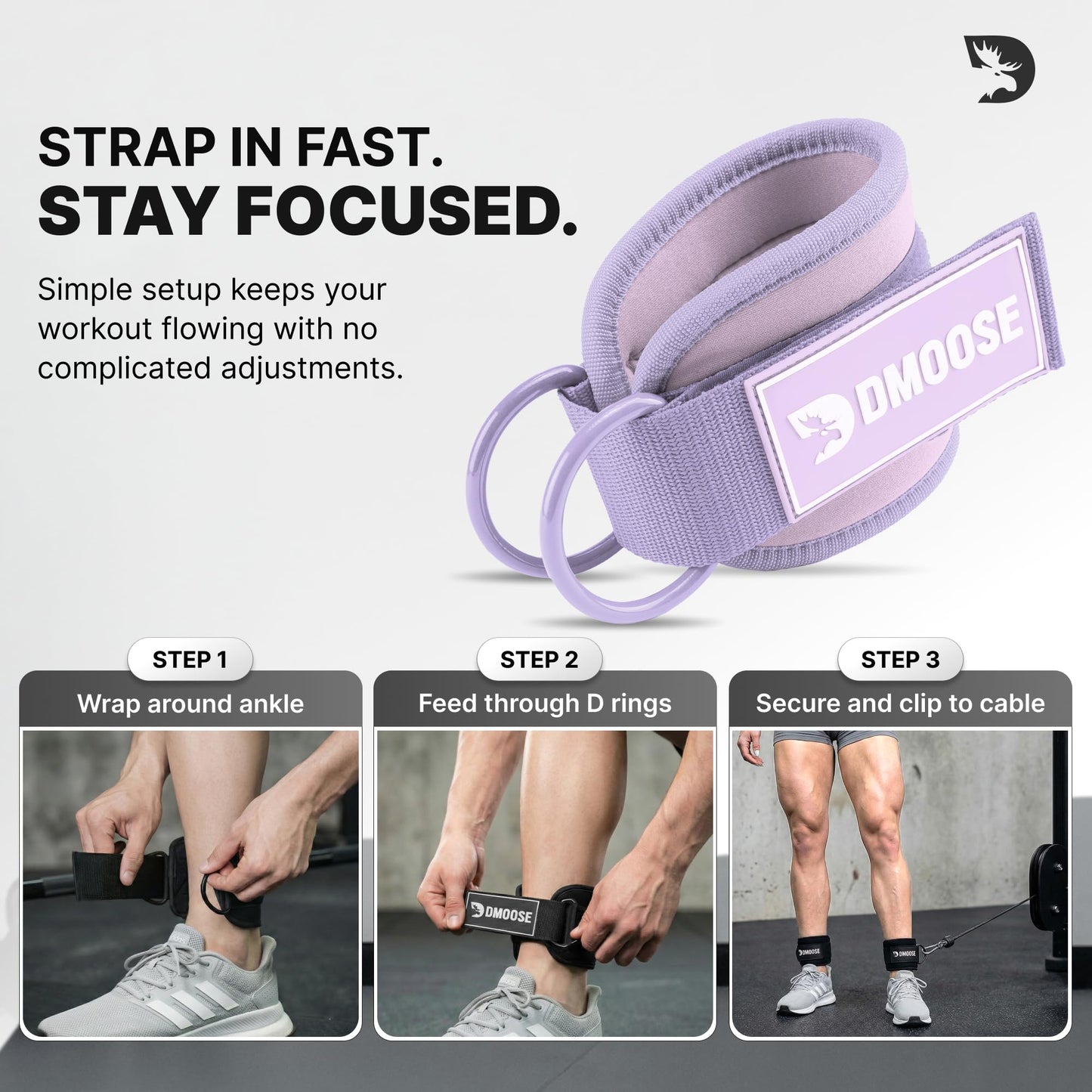 DMoose Fitness Ankle Straps for Cable Machines - One Size Fit Premium Padding, Glute Kickback Ankle Strap for Women & Men, Cable Attachments for Gym & Booty Workouts (Lilac Purple - Pair)