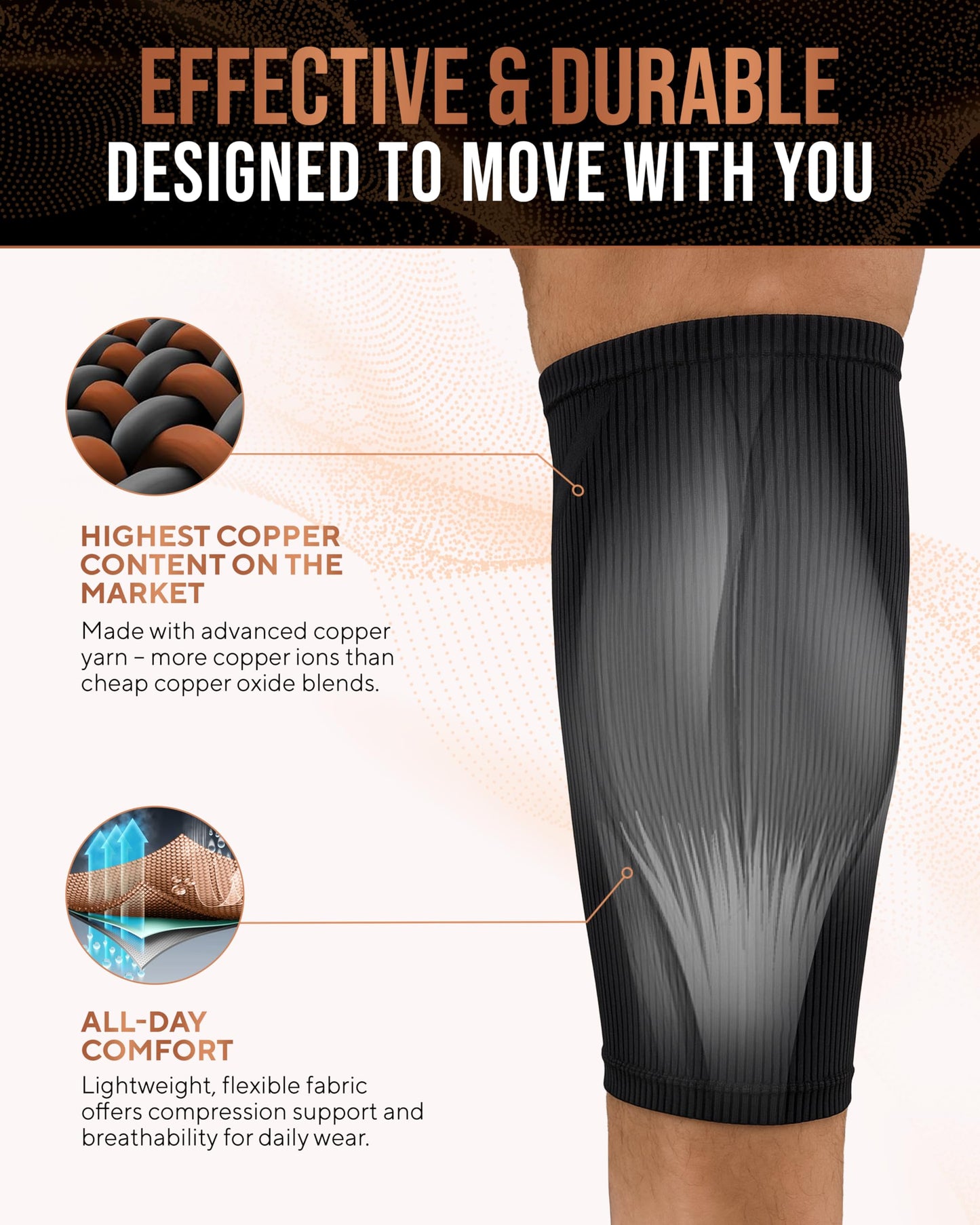 TheraCopper Copper Calf Compression Sleeve — Premium Copper Compression Shin Sleeve for Men & Women — Breathable & Non-Slip Leg Sleeves for Runners, Shin Splints, Muscle Recovery & Leg Fatigue (Large)