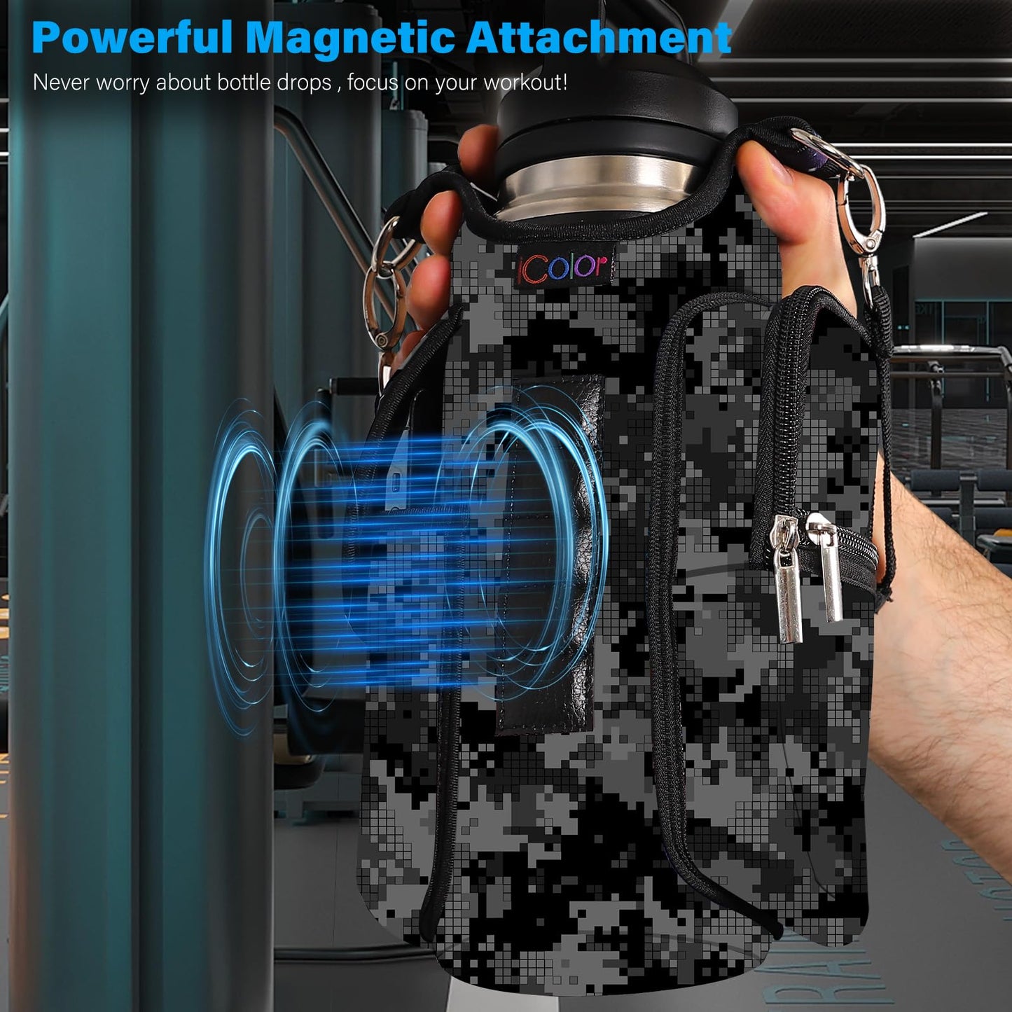 icolor Magnetic Gym Bag Water Bottle Holder with Phone Pockets,5 Built-in Magnets Gym Magnetic Bag Pouch Attach to Fitness Equipment,Diameter 3.9" Bottle Carrier Sling Bag
