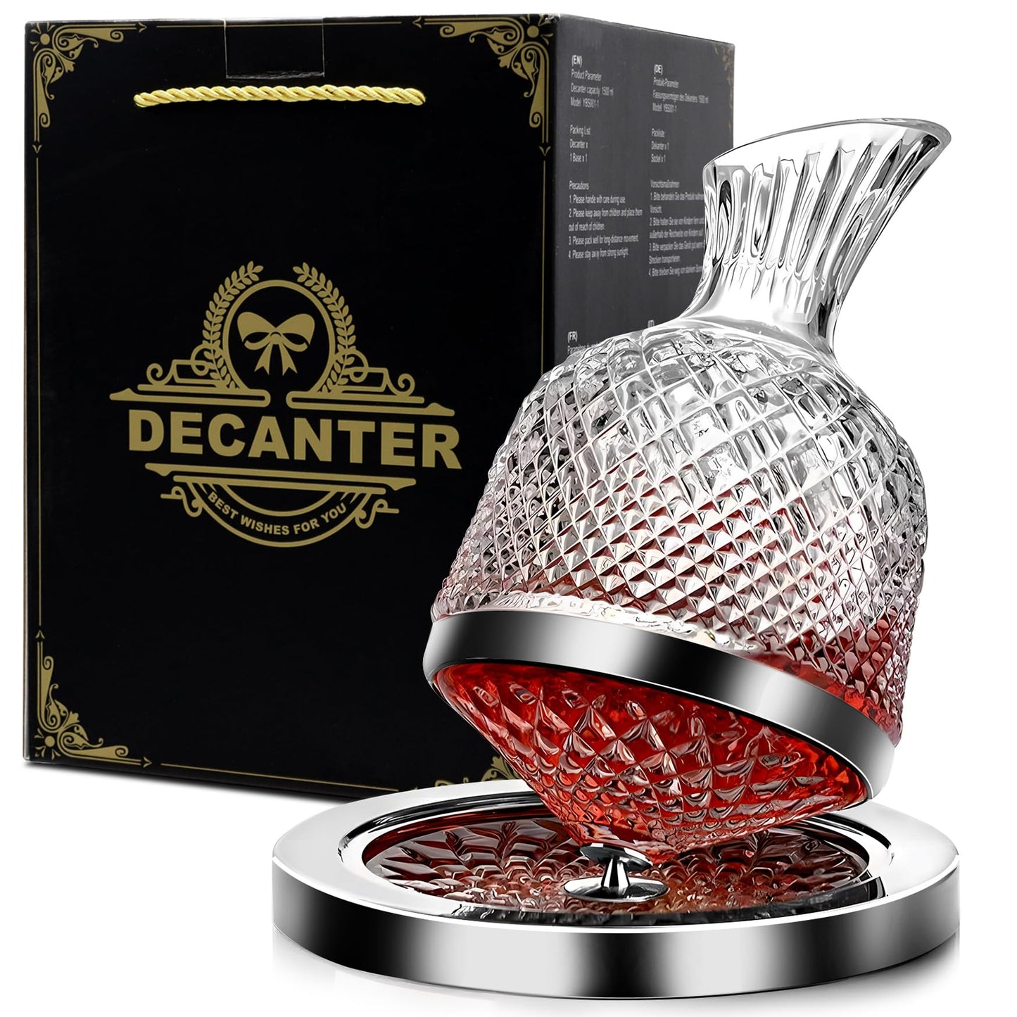 Red Wine Decanter 50oz/1500ml, YTHFGRT Wine Carafe Decanter Made of Lead-Free Crystal Glass, 360° Rotating Decanters for Whisky and Wine, Decanter Gift Box Design for Men Women Gifts