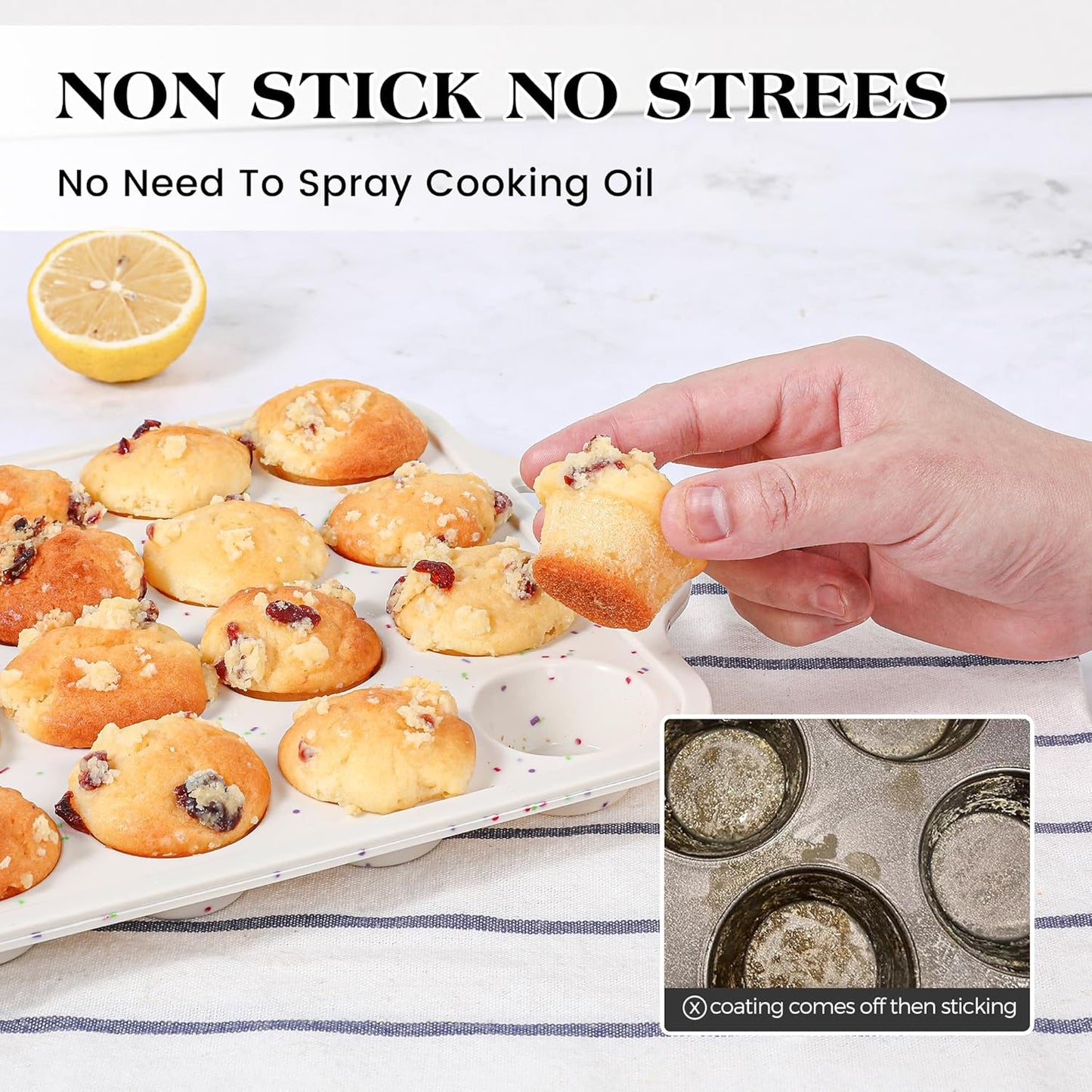 Skiennix Nonstick Cupcake Pan Set - 12 Cup & 24 Mini Muffin Molds | BPA-Free Silicone, Cream Color (2 Pcs)