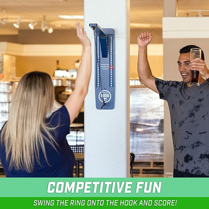 GoSports Hook 21 Wall Mount Ring Swing Game - Play Indoors or Outdoors with Foldable Arm
