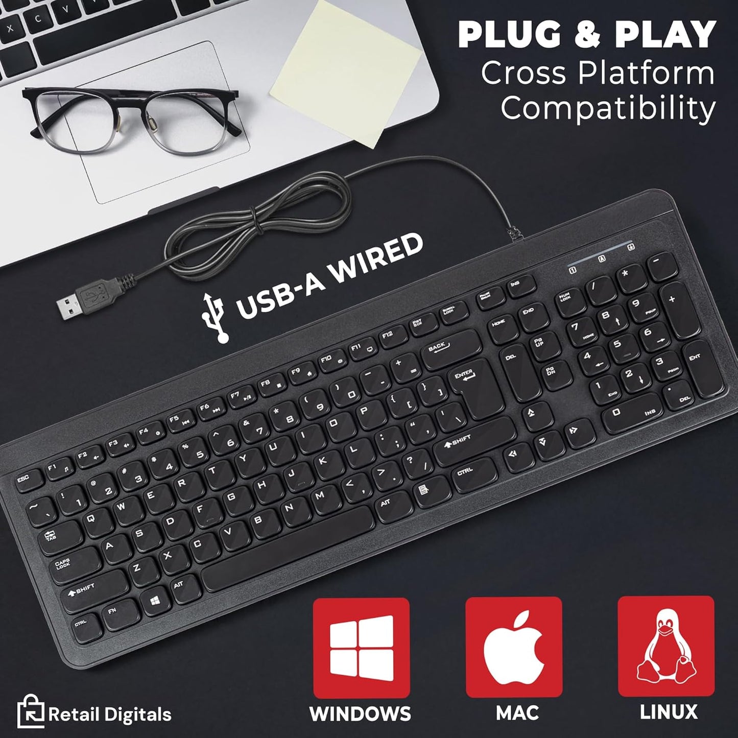 Retail Digitals Wired USB Keyboard | Full-Sized | Ergonomic | Soft Typing | QWERTY Layout | Black