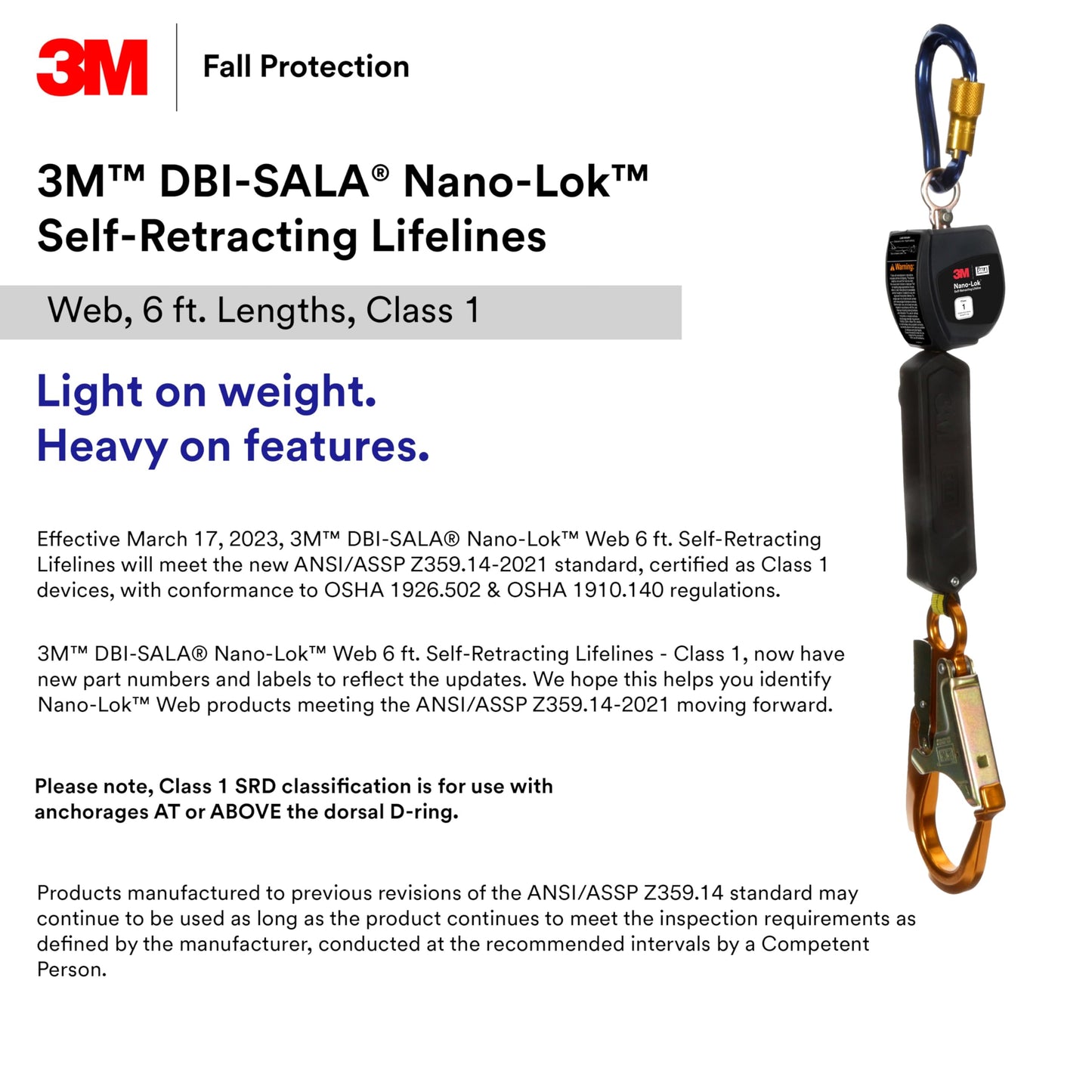 3M™ DBI-SALA® Nano-Lok™ Personal Self-Retracting Lifeline, Web Aluminum Snap Hook, 3100524, 6 ft., Class 1, ANSI