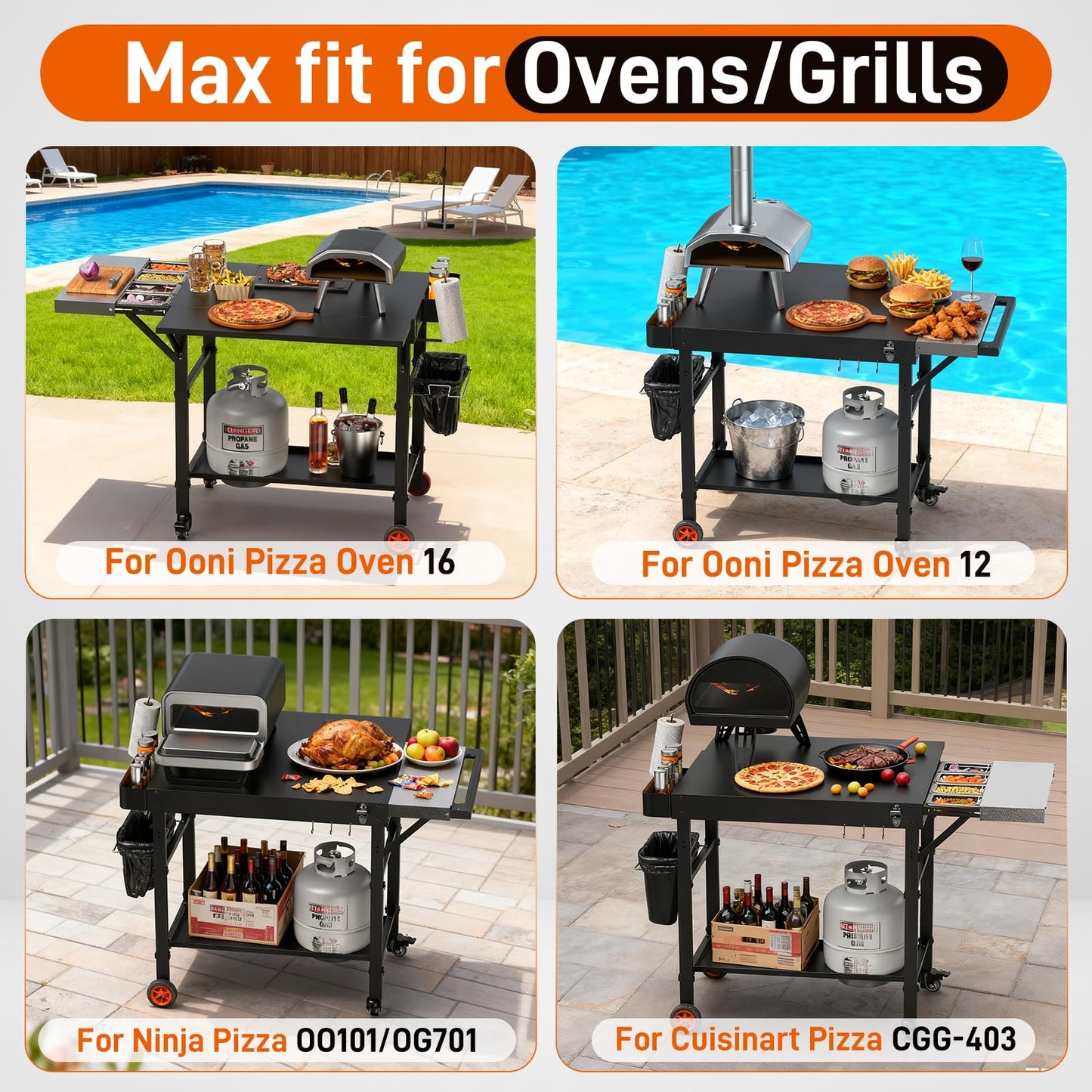 Pizza Oven Table for Ooni Pizza Ovens, Grill Cart Table with Topping Station, Pizzas Stands with Wheels, Expansive Countertop Pizzas Oven Accessories for Party Fits Blackstone Ninja Cuisinart Gozney