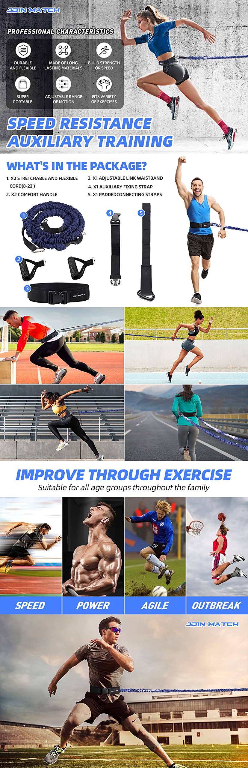 80Lbs Resistance Bungee Cord Speed Training Set, Dual Resistance Cord(8-22'), Improve Agility Focus Strength Power, for Basketball Tennis Football Volleyball, Help You Build Muscle