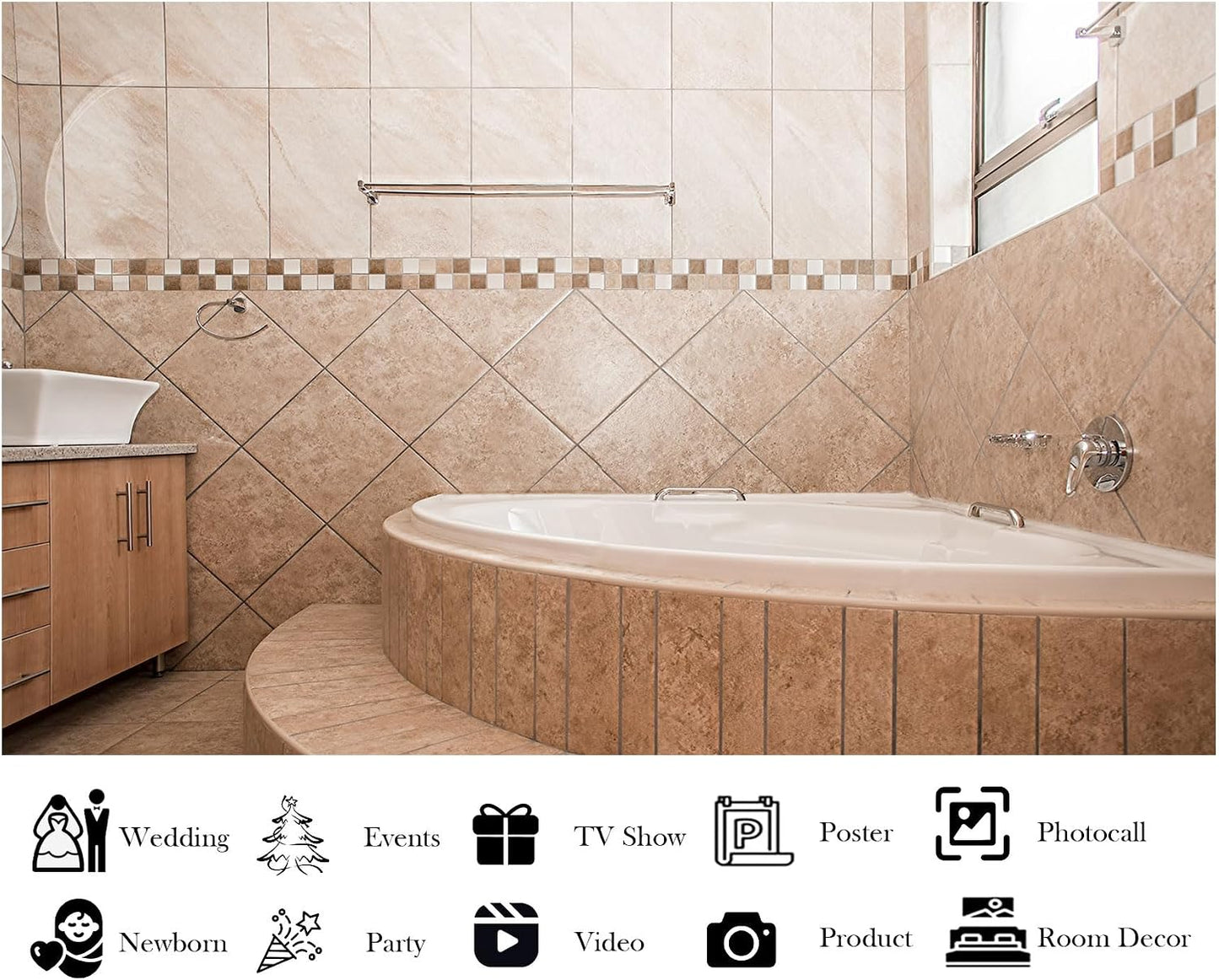 LidyMini 8x8ft Fabric Beige Tile Bathroom Backdrop Curved Bathtub Warm Neutral Tones Background Spa Shooting Theme