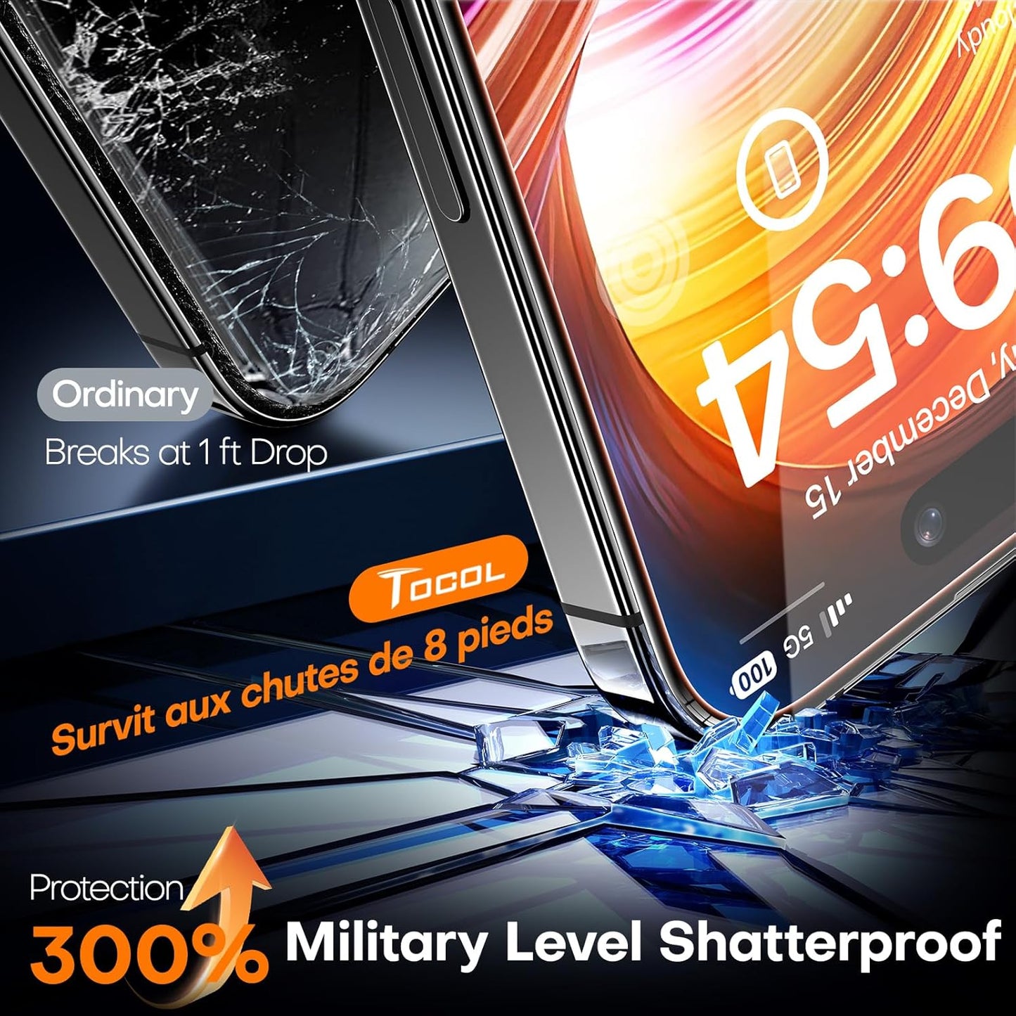 16 9H 2 Pack TOCOL for iPhone Screen Protector, Full Coverage Hardness Easy Installation Military Grade Shatterproof HD
