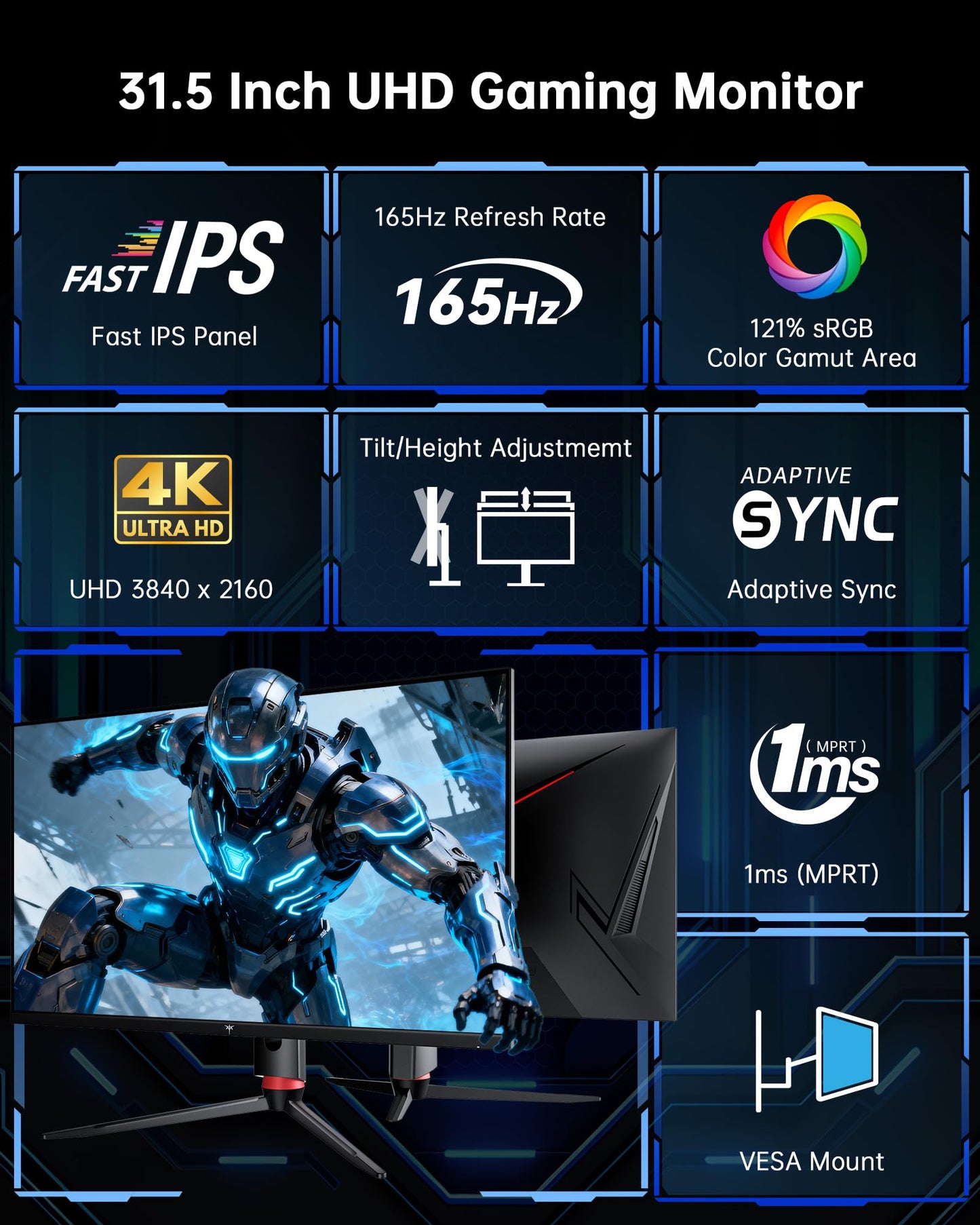 KTC 32 Inch 4K Gaming Monitor, 165Hz UHD (3840x2160P) Fast IPS Screen, 1ms (MPRT), Adaptive Sync, 3000:1 Contrast,121% sRGB,HDMI 2.1 Display Port 1.4, Tilt/Height Adjustment, VESA Mount, H32P22P