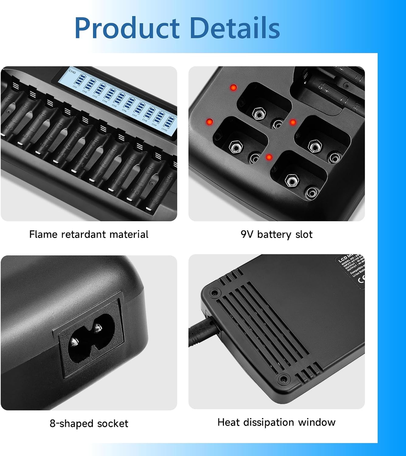 CITYORK 10+4 10 1.2V 4 9V Bay AA AAA Battery Charger with LCD Display, Bay for AA AAA NiMH NiCd Batteries, Bay