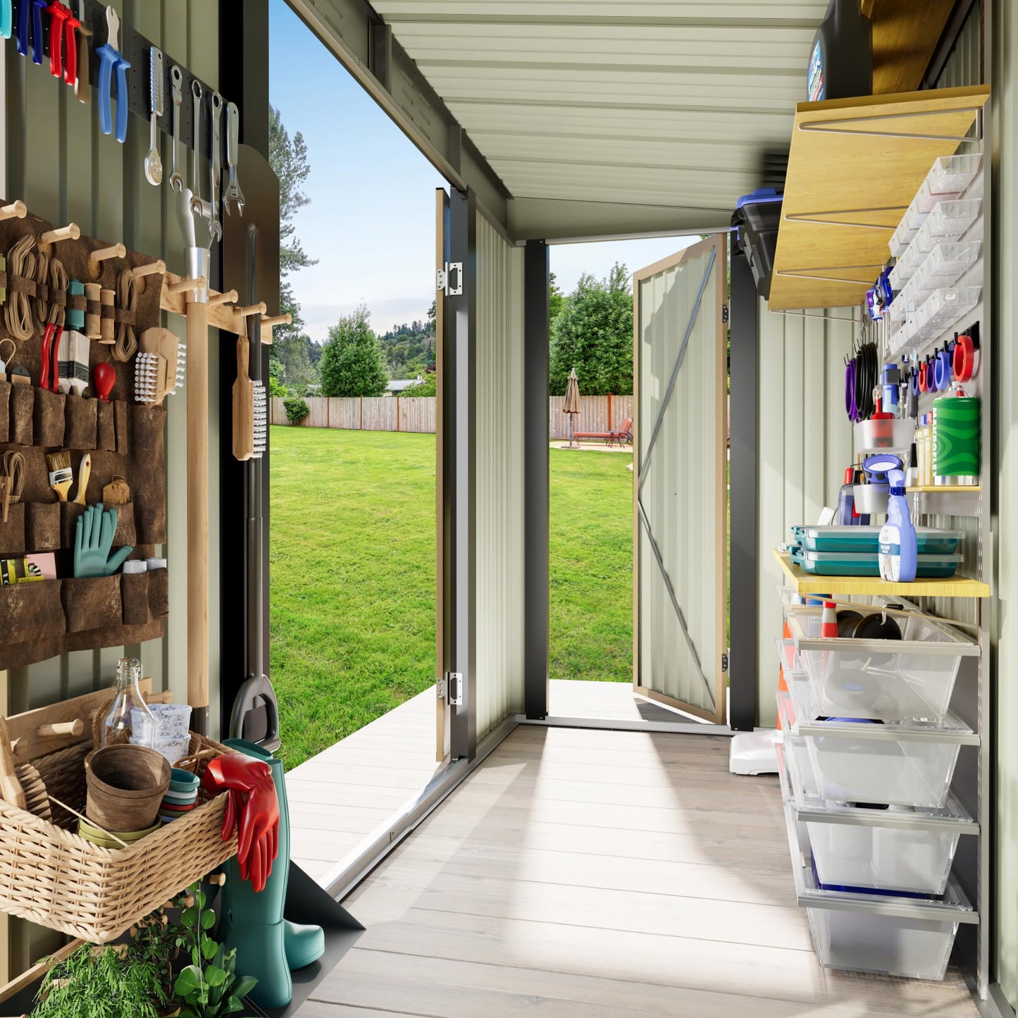 JUMMICO 8x4 FT Outdoor Storage Shed, Heavy Duty Tool Metal Sheds with 3 Lockable Doors and Updated Frame Structure for Backyard Patio Lawn, Brown