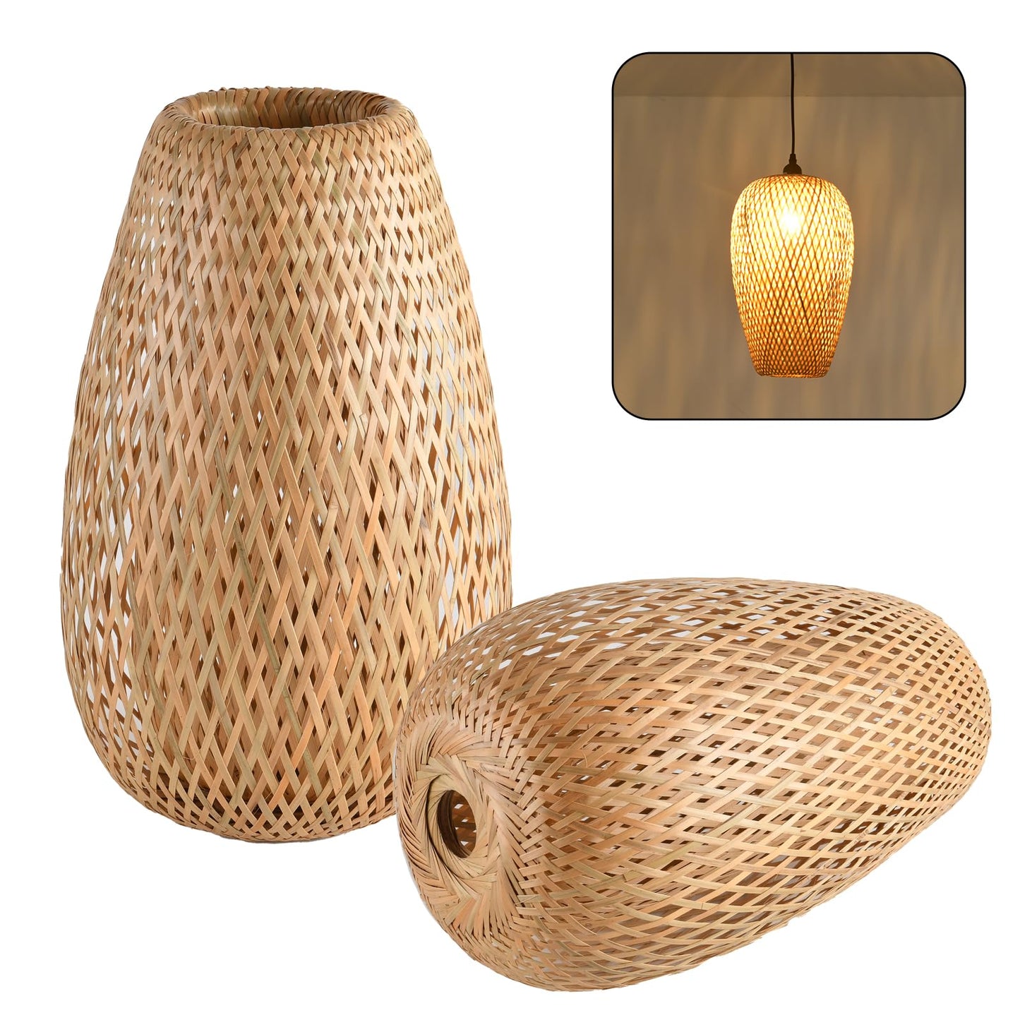 Teru Ji Kaikang Bamboo Lamp Shade, 2-Pack Hand-Woven Bamboo Rattan Hanging Light Shade,D 9.05" Rattan Table Lamp Shade for Floor Lamp, Wall Sconces Light Cover Table Light,Pendant light