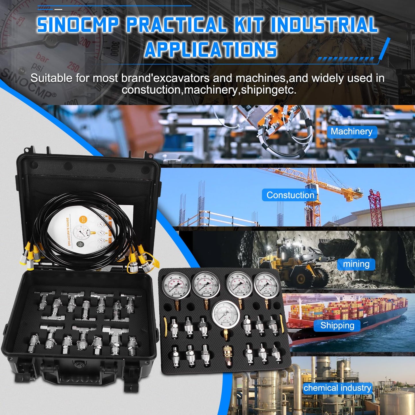 SINOCMP Hydraulic Pressure Test Kit with 5 Gauges 5 Test Hoses 13 Couplings 14 Tee Connectors, Hydraulic Tester Gauge Set 10/100/250/400/600Bar for Excavator Construction Machinery