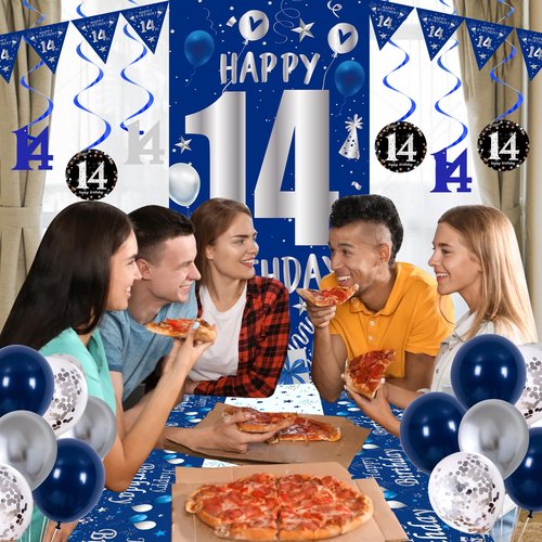 14th Birthday Decorations for Boys Girls, Blue Silver Happy 14th Birthday Party Decorations Supplies - Happy 14 Birthday Backdrop Banner Tablecloth Triangle Flag Balloons for 14 Year Old Bday Party