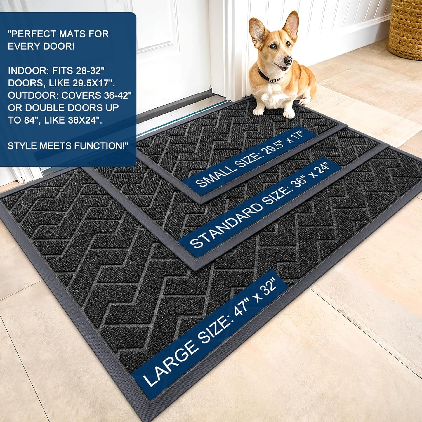 OLANLY Waterproof Front Door Mat - All-Season Indoor Outdoor Doormat, Sturdy Natural Rubber, Herringbone Brick (Black, 47x23)