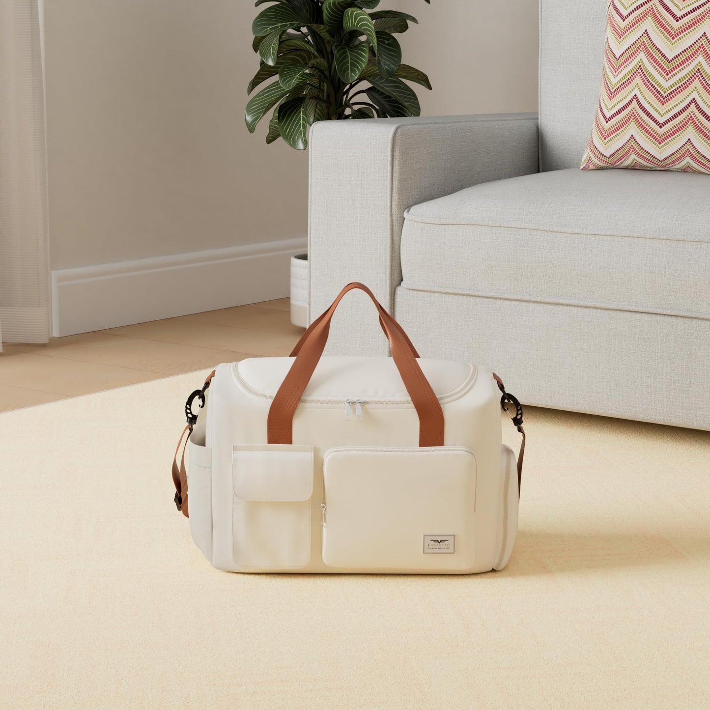FIORETTO Women's Gym Duffle Bag with Shoes Compartment, 30L Capacity, Ideal for Travel, Gym, Sports, Duffel, Weekender, Beige& Brown