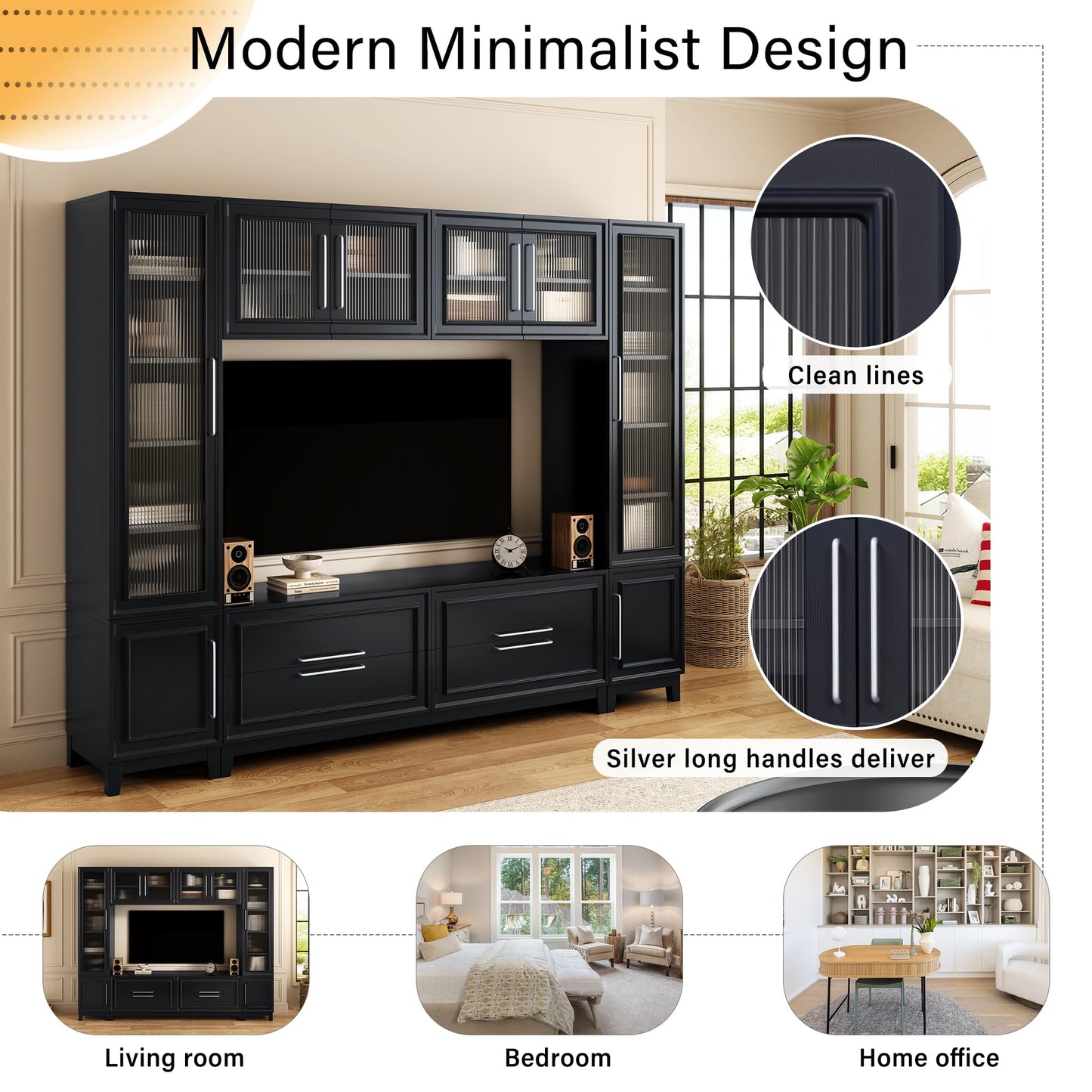 Merax 102" W Wall Unit Modern Entertainment Center with Glass Doors for TVs up to 75", Large Minimalist TV Stand Media Console with Drawers, Glass Doors for Living Room, Black