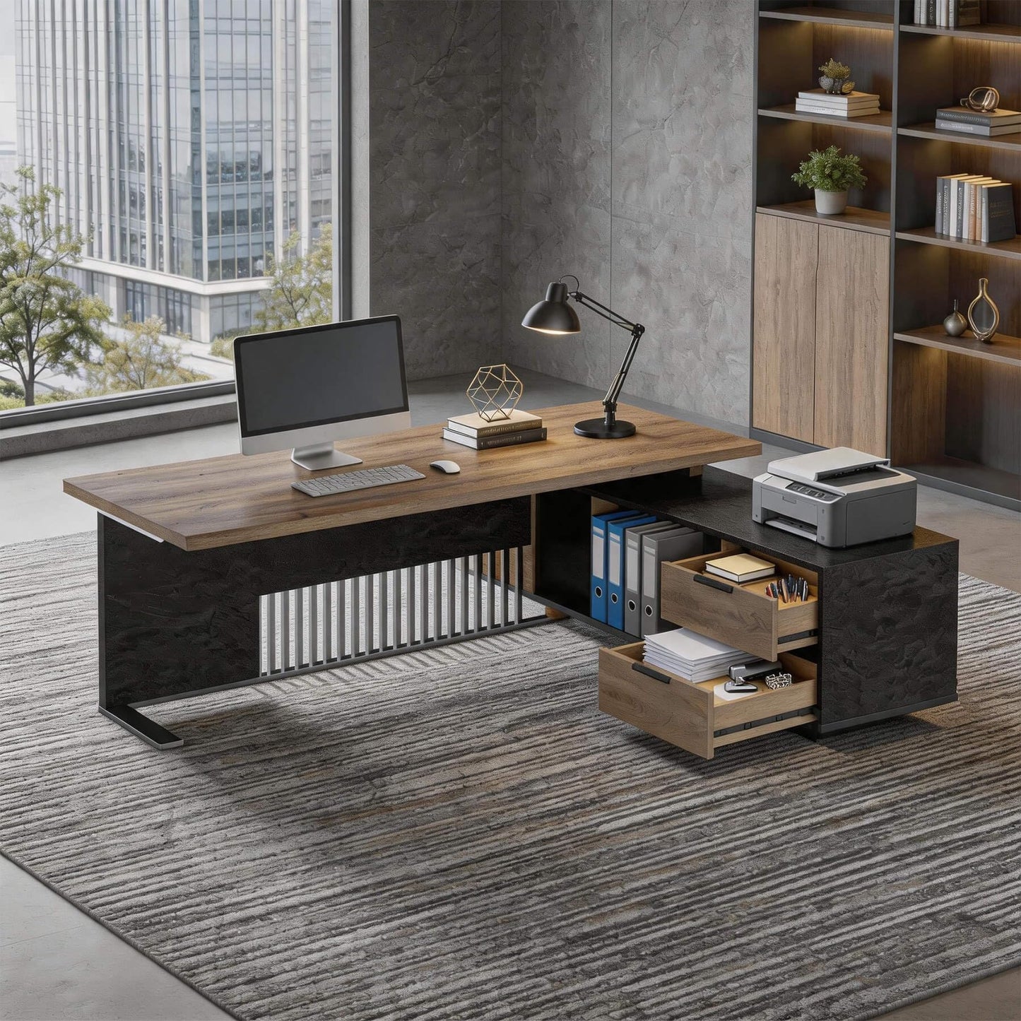 78.7 Inch Large Executive Desk with Drawers Cabinet, L Shaped Office Desk, Computer Desk with Universal Charging Ports and Cable Management for Business Furniture Set Workstation for Home Office