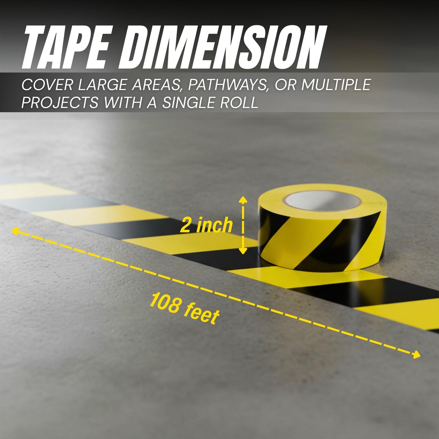 Tapix (24 Pack 2 Inch x 108 Feet Black & Yellow Tape Roll - Safety Stripe Waring Tape for Floor - Highly Adhesive Waterproof Hazard Tape for Floors, Walls, Staircase, Pipes, Equipment, Dangerous Area