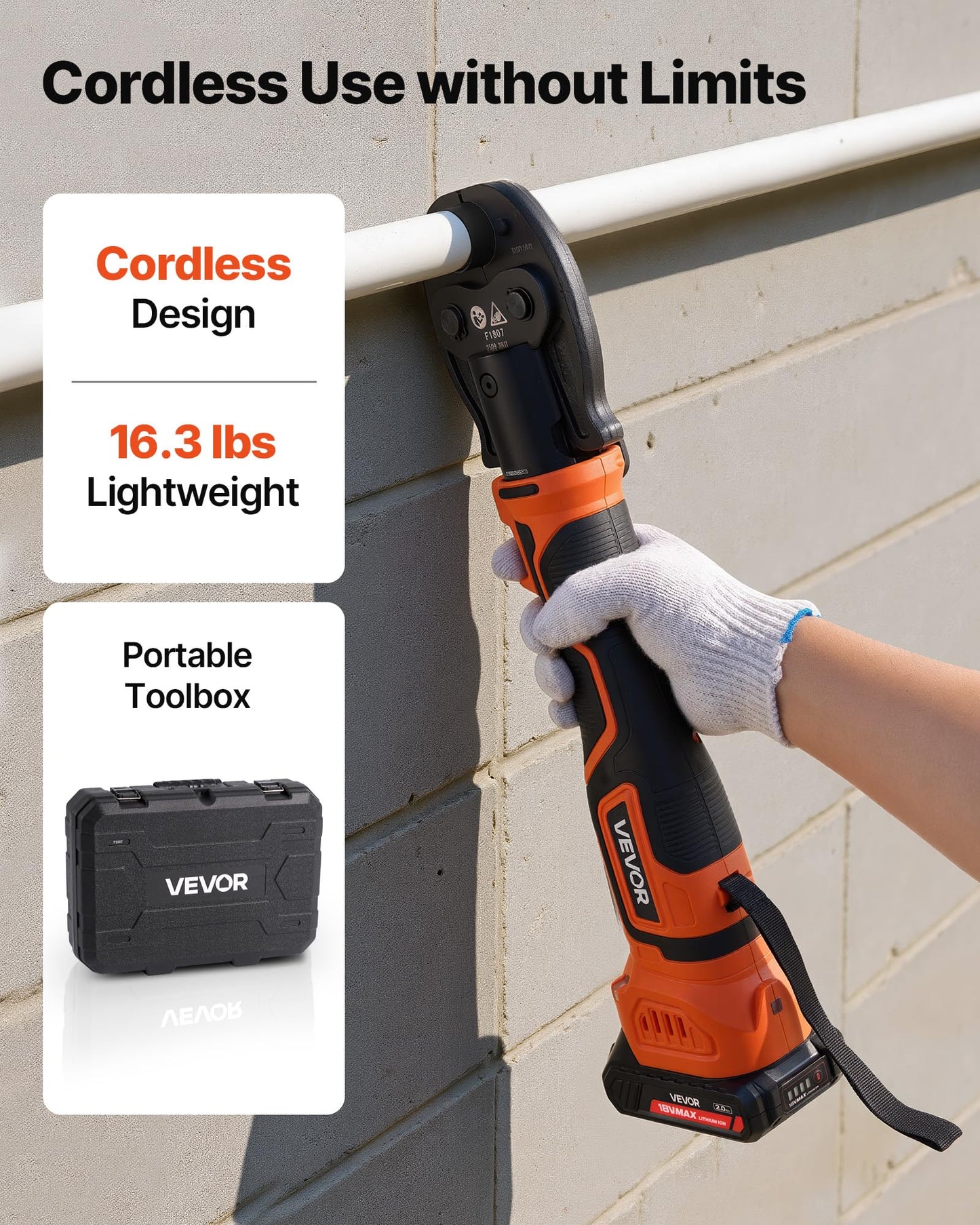 VEVOR Cordless Mini Press Tool, 18V Electric Pipe Crimping Tool for 1/2", 3/4", 1" PEX Pipe Copper Rings, 24KN PEX Press Tool with 2pcs Battery, Fast Charger & Carrying Case - Meet ASTM F1807 Standard
