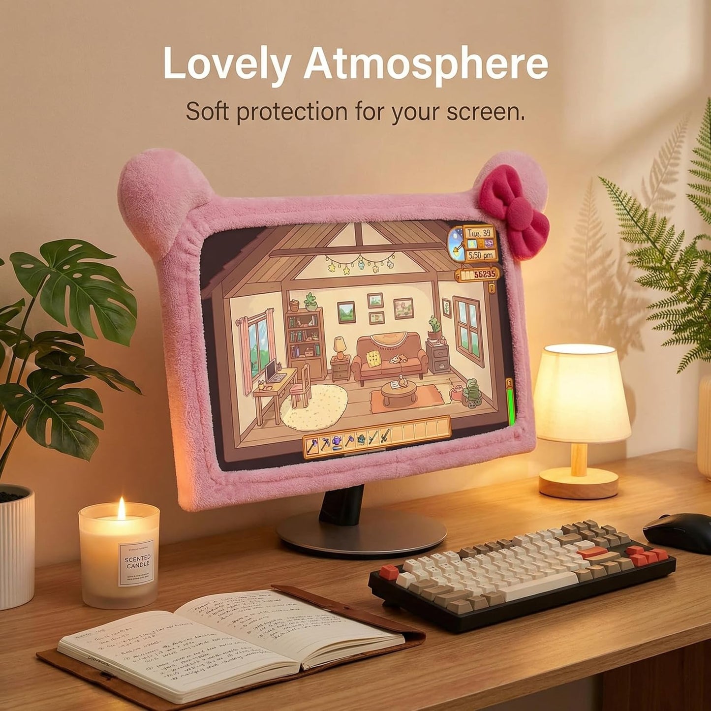 1 20-29 Inch Pcs Cute Cat Ear Computer Monitor Cover, Kawaii Pink Dustproof Screen Protector for Display, Soft Elastic