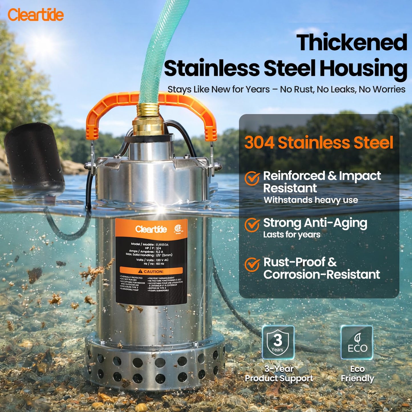 Cleartide Stainless Steel Submersible Water Sump Pump with Float Switch, 3/4 HP, 3780 GPH Ideal for Pool, Yard, Flooded Cellar & Basement, Hot Tub, Pond, and Garden Draining, 10 FT Cord